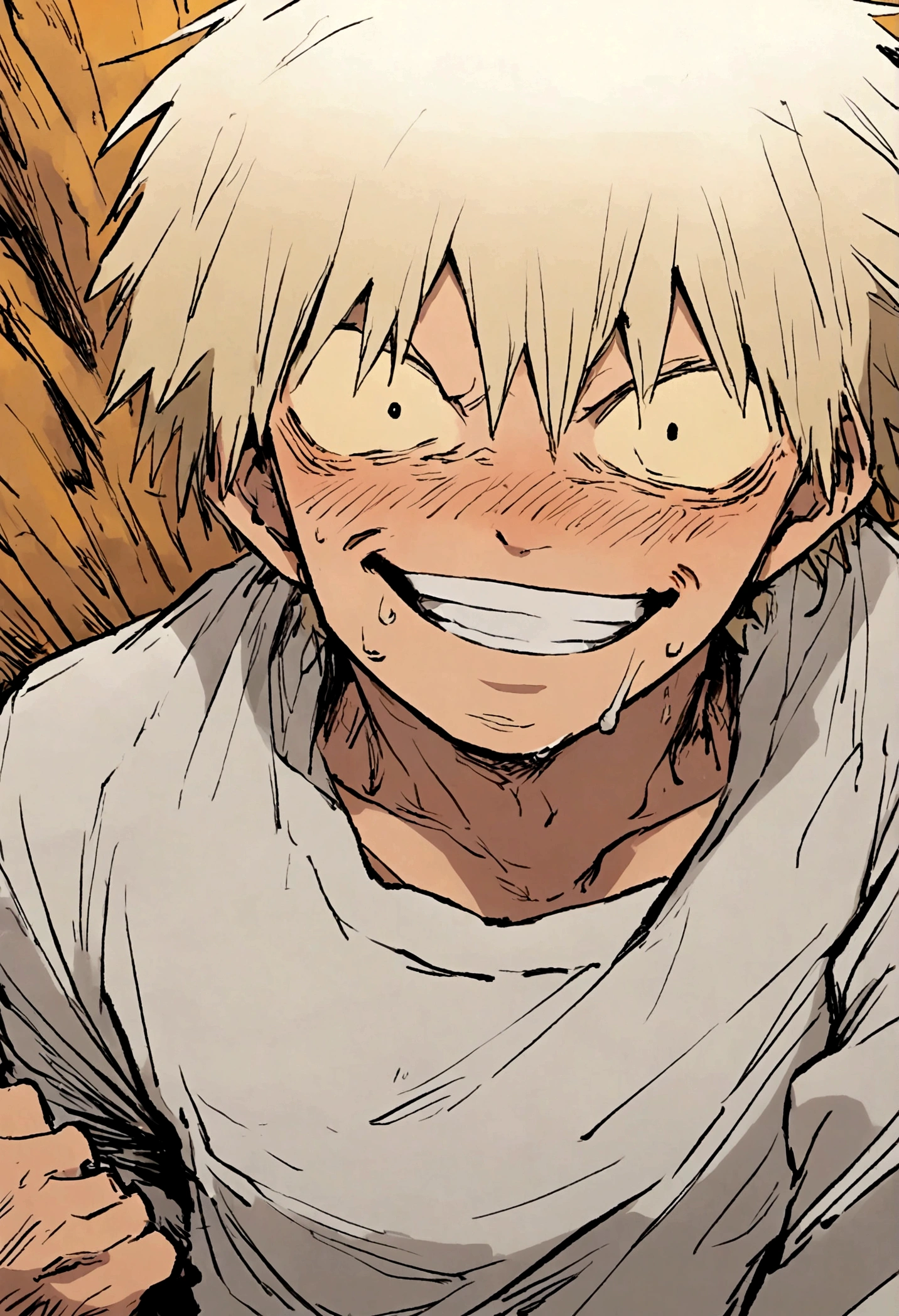 denji from chainsawman, upper body just like in the anime, happy face