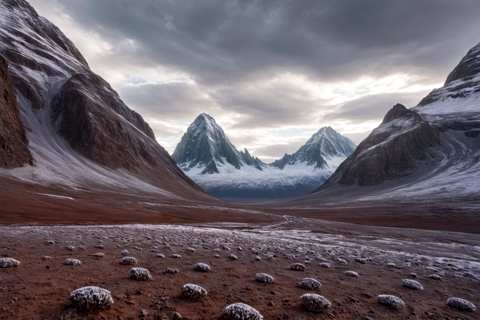 futuristic CHROME STEEL FORTRESS ON AN ALIEN PLANET STEEP AND INTRINSIC MOUNTAINS WITH SHARP ROCKS WITH SNOW AND ICE, EL CIELO TORMENTOSO APLOMADO, GRAY AND COLD HAS THE CLOUDS DESTROYED BY THE FREEZING WIND FROM THE POLE, IMAGEN HIPER REALISTA, MAXIMUM DEPTH OF FIELD, MAXIMUM HDR 4K RESOLUTION, PERSPECTIVA PERFECTA PARA fortaleza CROMADA alien
