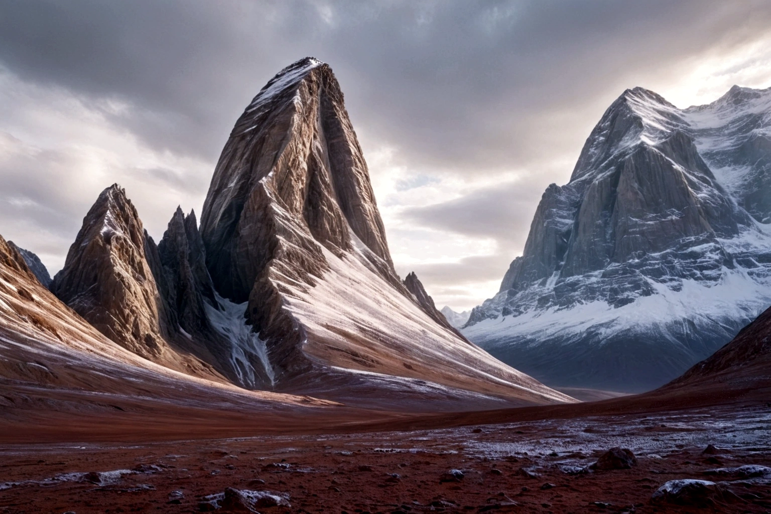 futuristic CHROME STEEL FORTRESS ON AN ALIEN PLANET STEEP AND INTRINSIC MOUNTAINS WITH SHARP ROCKS WITH SNOW AND ICE, EL CIELO TORMENTOSO APLOMADO, GRAY AND COLD HAS THE CLOUDS DESTROYED BY THE FREEZING WIND FROM THE POLE, IMAGEN HIPER REALISTA, MAXIMUM DEPTH OF FIELD, MAXIMUM HDR 4K RESOLUTION, PERSPECTIVA PERFECTA PARA fortaleza CROMADA alien
