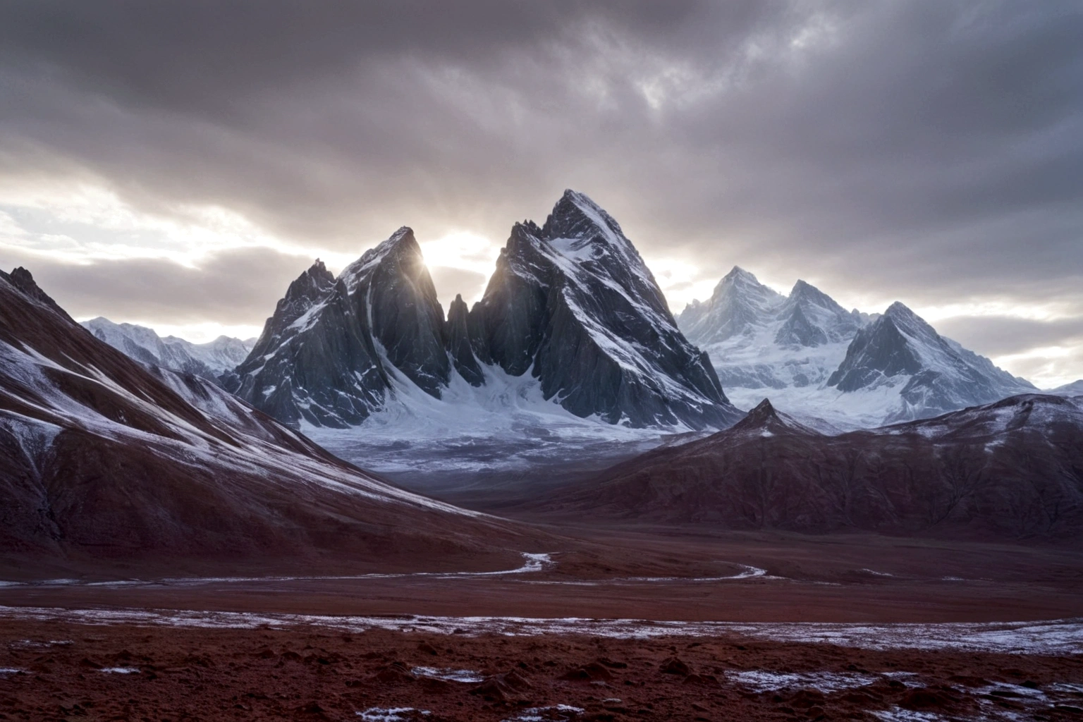 futuristic CHROME STEEL FORTRESS ON AN ALIEN PLANET STEEP AND INTRINSIC MOUNTAINS WITH SHARP ROCKS WITH SNOW AND ICE, EL CIELO TORMENTOSO APLOMADO, GRAY AND COLD HAS THE CLOUDS DESTROYED BY THE FREEZING WIND FROM THE POLE, IMAGEN HIPER REALISTA, MAXIMUM DEPTH OF FIELD, MAXIMUM HDR 4K RESOLUTION, PERSPECTIVA PERFECTA PARA fortaleza CROMADA alien
