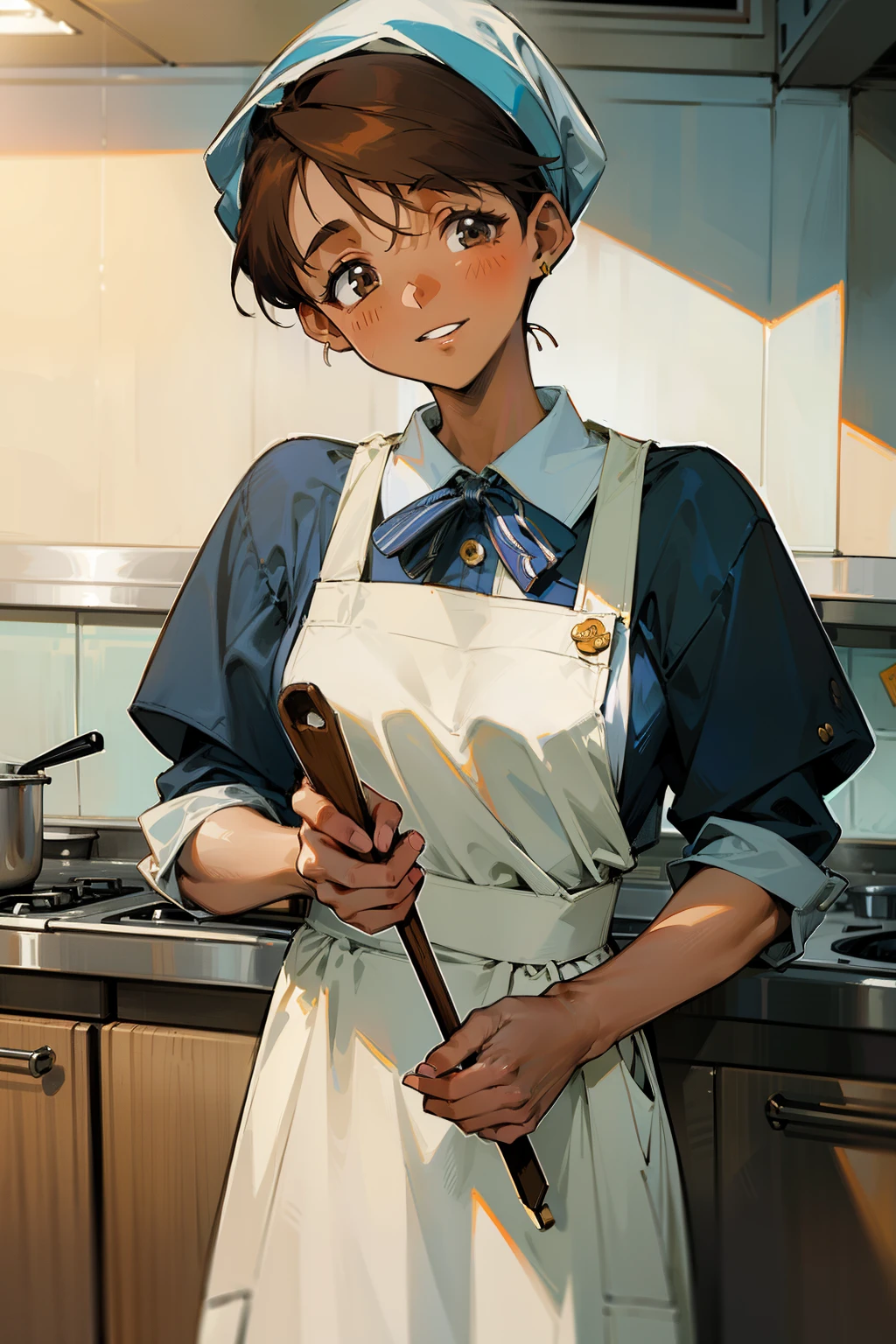 ,(Masterpiece), Best Quality, ultra-detailed, MIZUKITO, TAN, EARRINGS, head scarf, white y shirts(buttons), white apron, white pants , , slender and sexy body, 1girl, solo,facing viewer, looking  at viewer,head tilt, smile, parted lips,night time, school, in the a restaurant kitchen , standing, cooking 