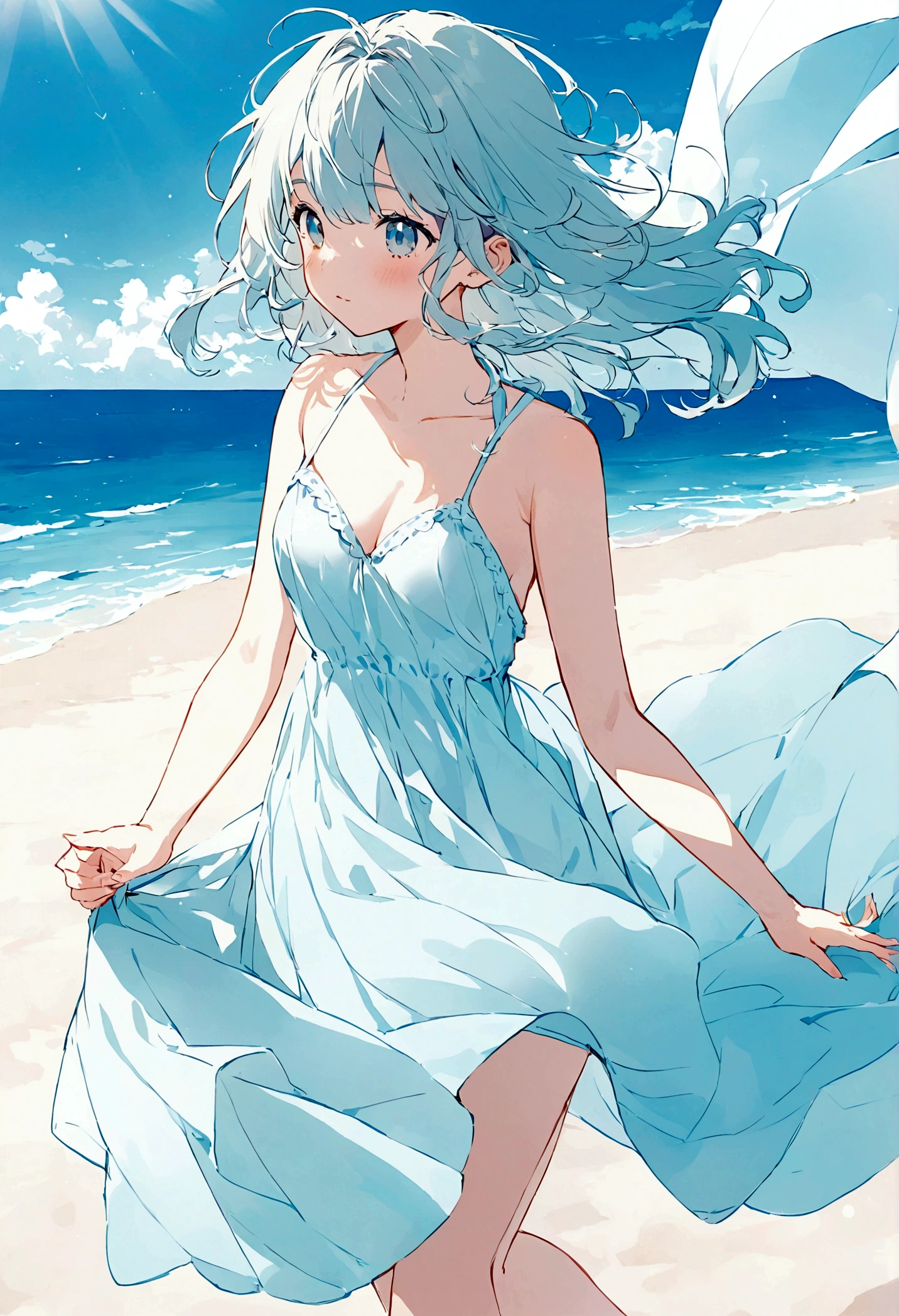 One cute girl in pastel colors, illustration, clear summer sunlight, blue sea, white sandy beach, azure sky, dancing in the wind with the fabric, top quality