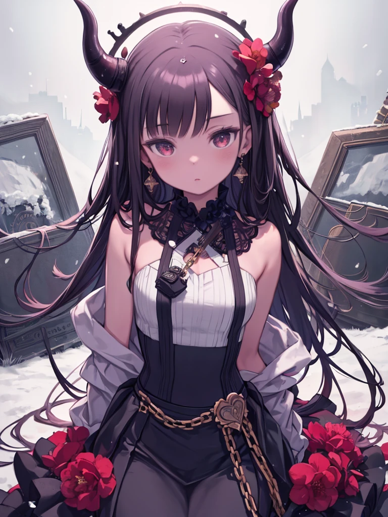 masterpiece, (detailed, High resolution, highest quality), One girl, plum def, black sclera, horn, Earrings, cuffs, chain, bubble skirt, skirt, dress, branch, Camellia, flower, red flower, sign, snow, snowing, white flower