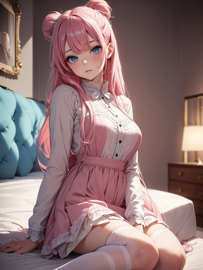 Girl laying on bed, realistic, pink hair, twin tails, legs spread, no clothes