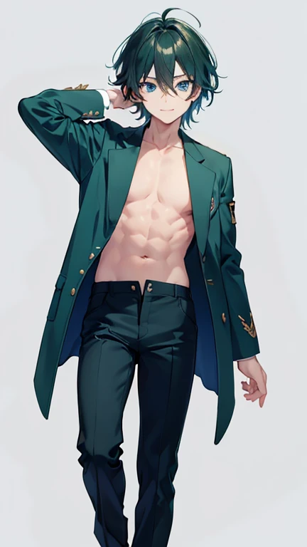 masterpiece, nsfw, nude, medium breast , large hip, full body,dark green medium hair,otoko no ko,male focus,1boy,solo,looking at viewer,jacket,long sleeves,smile,hair between eyes,pants,bangs,blue jacket,bike pants,simple background,blue eyes