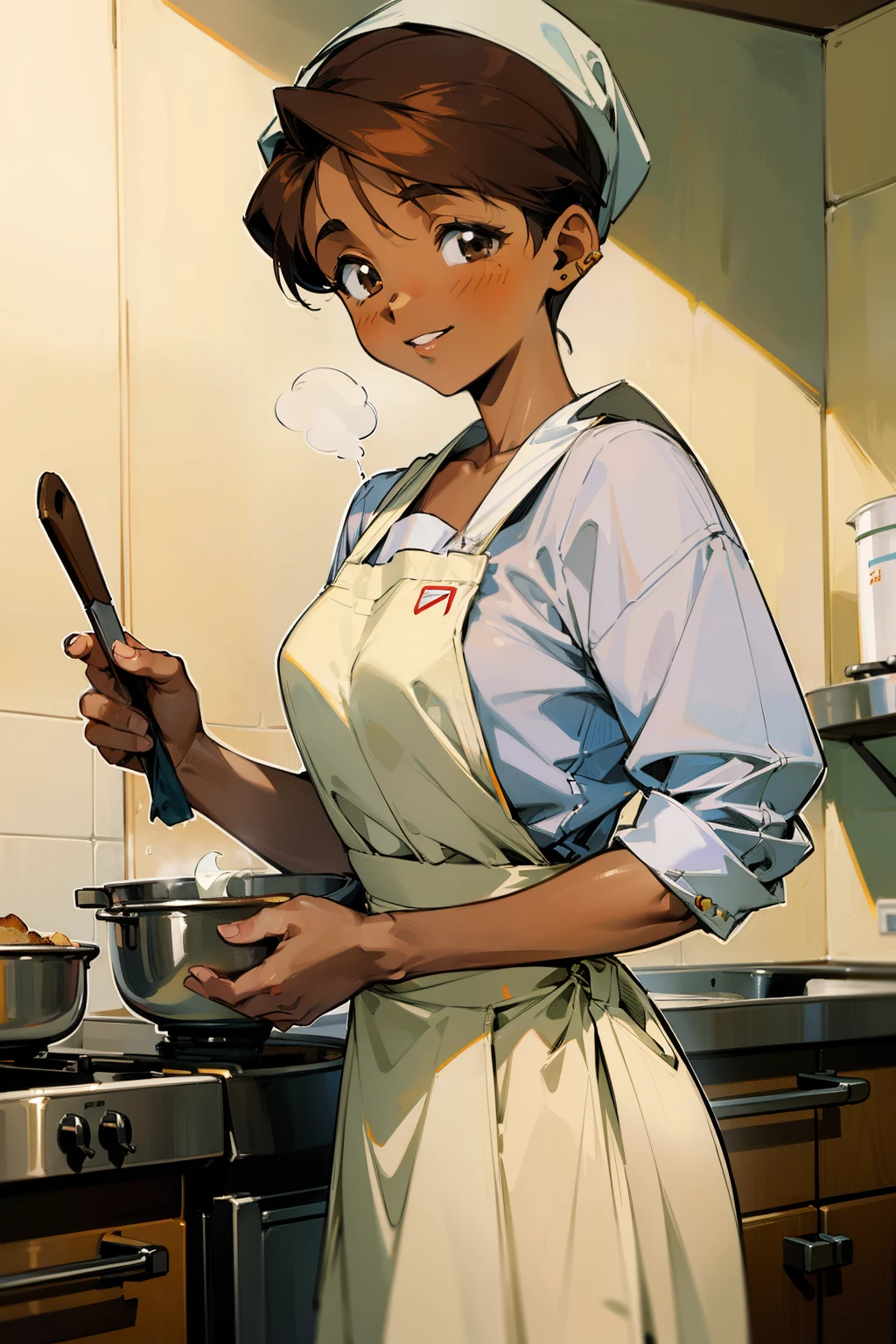 ,(Masterpiece), Best Quality, ultra-detailed, MIZUKITO, TAN, EARRINGS, head scarf, white y shirts(buttons), white apron, white pants , , slender and sexy body, 1girl, solo,head tilt, smile, parted lips,night time, school, in the a restaurant kitchen , standing, cooking, back-view 