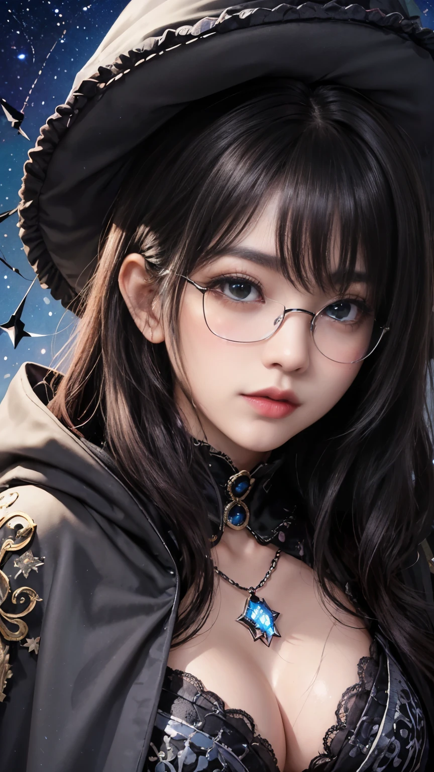 (Fatal Beauty,A charming villain,witch) ,(A supple and powerful physique),(Sensual charm),(Mysterious charm:1.1),(Captivating silhouette),((((Glasses))))、((((big sapphire necklace))))、(highest quality,High resolution:1.2),(dark,Threatening:1.1),((dark horror theme:1.5),(Thriller:1.5)),(Dark fantasy:1.5), (((Countless stars fly away:1.5),(Absurd:1.5),(wonderful:1.5))),Woman in a dress, (Powerful numbers:1.1),(((Big Breasts))),(((Muscular:1.1))), cute face, Sexy Face, , Very detailedなbeautiful女の子, (Ideal body type:1.8), Very detailed faceexpressive lips, (とてもbeautiful、Crisp big eyes:1.5), Fine skin., All features are shown in detail., The outline of the fingers is beautifully drawn....., The nose is precisely shaped., expressive lips, Perfect Anatomy,cute、Realistic、(Front view:1.4),(Face Focus:1.3), realistic girl rendering, 8k artistic german bokeh, Enchanting girl, Real Girls, Gurwitz, Gurwitz-style artwork, Girl Roleplay, Realistic 3D style, cgstation Popular Topics, 8K Portrait Rendering,(truth,truth:1.4),Sexy Body,( Very lean body:1.6),Sexy pose, blush, Attractive body, Very curly hair, Purple Curly Hair, very big hair, Very curly hair, prime color,Urban,Very detailed,masterpiece,Intricate details,Faded,Very detailed, Eye for details,Intricate details,暗くてSpooky atmosphere, Spiritual Beings, Unforgettably beautiful, Ghostly figures, Shadow-like shape, Spooky whispers, Ominous Aura, Goth Maiden, Like dazzling fur in a starless haze,Her Mogul Snaps, Mysterious Cemetery,Black hair swaying in the moonlight, She summons darkness, (beautiful: 1.7), (Black Hat: 1.6), (An intricately decorated jet-black cloak: 1.6), (Delicately decorated cloak, Despite the damage: 1.5), Hypermaximalist, Breathtaking oil paintings, Surreal, Ultra-realistic digital illustrations that mimic the style of oil paintings, wonderful構成, (Shining Eyes:1.6)、(Glowing Eyes:1.1),(hellish landscape:1.1),(fire,sulfur:1.1),(Threatening atmosphere:1.1),(dark shadows,Threatening presence:1.1),(Unlucky Clouds,Stormy Skies:1.1),(dark,Spooky atmosphere:1.1),(Aura of misfortune,Evil energy:1.1),(dark aura,cigarette:1.1),(Extreme heat,Burning Flames:1.1),(Nightmare Visions:1.1),(Predicting the end:1.1),(Whispers of misfortune,Devilish Laugh:1.1),(Cry of pain,echoing screams:1.1),(Bad luck symbol,Ancient runes:1.1),(Mysterious Relic,dark art ifacts:1.1),(Infernal Ritual,Ritual sacrifice:1.1),(Eternal Ruin,A hopeless existence:1.1), Inspired by abandoned mech backgrounds. Art created by Craig Mullins, Necrostyle., Detailed Description, Futuristic sci-fi scene. Focus on SFCon