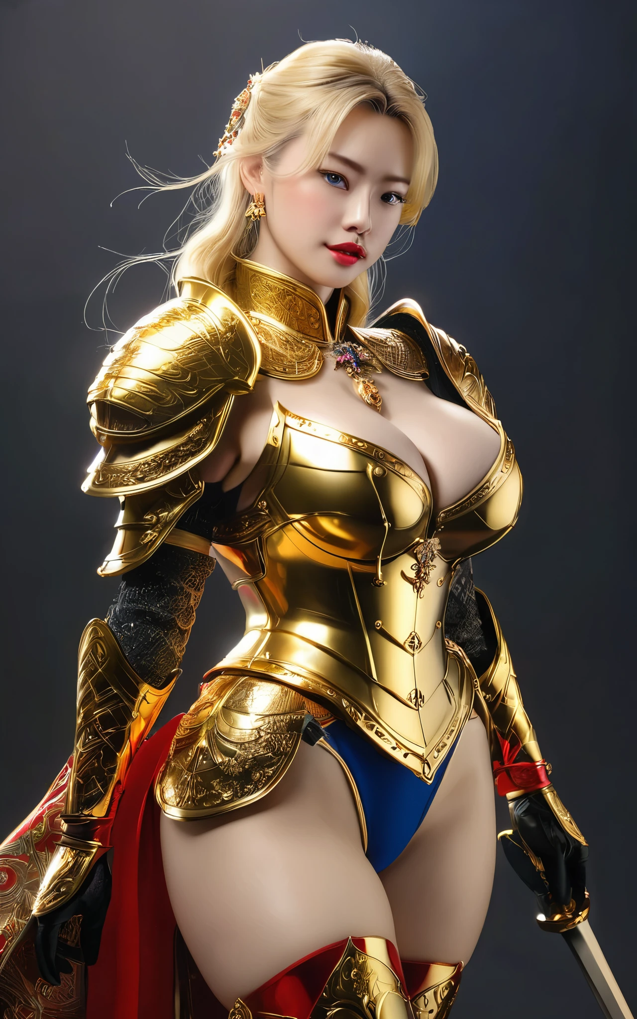 masterpiece,highest quality,wonderful,(womanの変態_woman:1),(Golden Armor:1.3), (35歳のwoman戦士:1.3),、Big and ample breasts, Big Breasts,Big Breasts,belly button,Hyper Real,中世ヨーロッパの都市のbattlefieldにいる,Expressionless,、イギリス人woman、Delicate skin texture to the smallest detail 、(Detailed blue eyes)、(Chubby body type))、(Very large)、中年woman、(ふわふわblondeの長い髪)、Wheat tanned skin、(blonde)、Very large、European woman戦士、Big Breastsの谷間、Richly decorated gold armor、Medieval witch、High Leg、Golden long boots with flashy decorations、Deep neckline、Pure gold and jewellery necklaces and collars、Big gold earrings、Bright red lips、Dressed in luxurious gold armor、Gold Long Gloves、He has a big long sword、The sword is ornately decorated..........................、The blade is pitch black、(woman戦士)、(battlefield)、