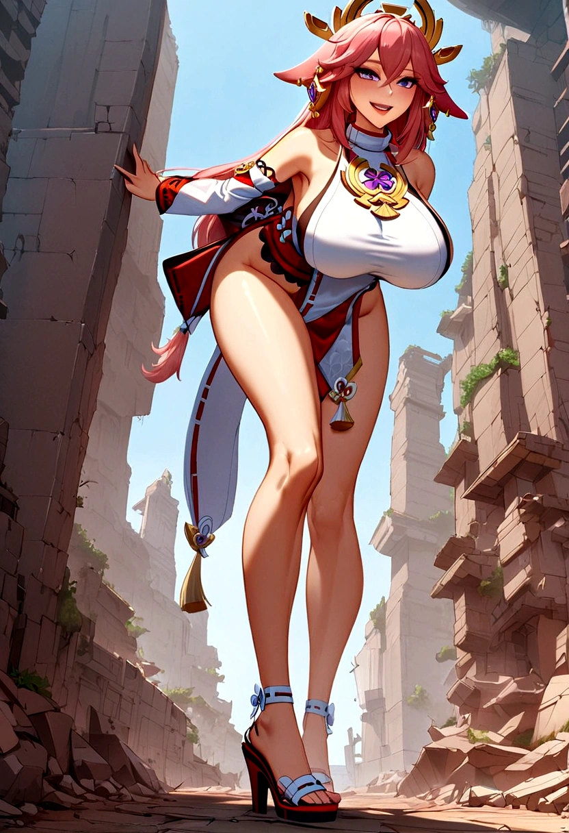 ground View,giantesscity,genshin，yae miko,giantesscity,giant girl 50000 feet high，Have a pair of ultra long legs,(bending down),((antevert)),a pair of huge breasts，Wearing a pair of Mary Jane heels，A look of enjoyment，standing on a ruins，Beautiful appearance，Exquisite makeup，quality，8k，High quality，Perfect proportion, Cinema lighting，film grain，Fuji colors，8k，textured skin，Super details，high detail，high quality，high resolution，explode，fake smile