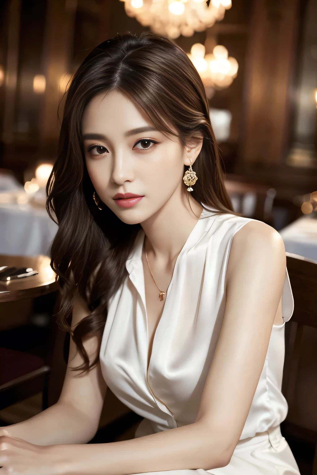 masterpiece, highest quality, Realistic, Very detailed, Finer details, High resolution, 8k wallpaper, One beautiful woman, Wear an elegant white silk shirt, In a great restaurant, At night, Light brown messy hair, Perfect dynamic composition, Beautiful and beautiful eyes、Big earrings、Sitting in a chair、Sleeveless shirt、