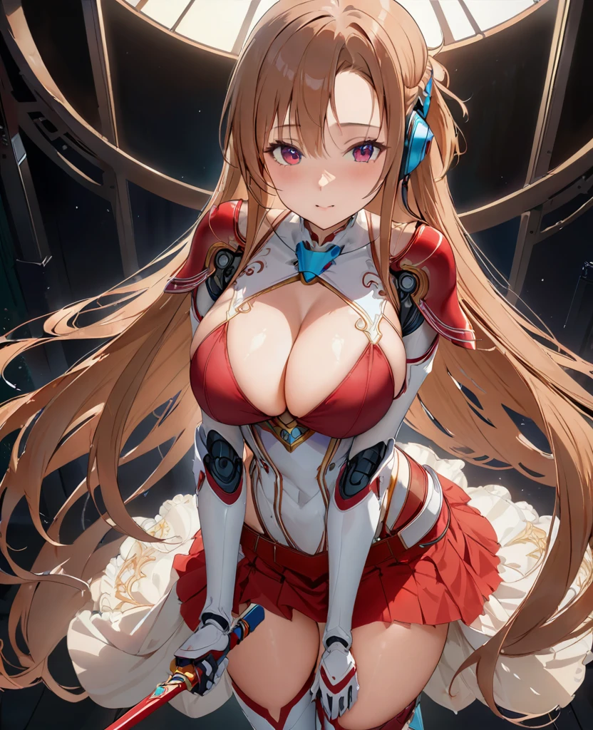 alone, 1 girl, Stationary, Yuuki Asuna, keep, arms, Focus on women, headset, goggles, Cape, armor, Lambent Light, Handguard, sheath, armor, full armor, Anatomically correct machine、Robot Joints,white and red pleated skirt, Thigh-high stiletto boots、(((masterpiece))), ((highest quality)), ((Intricate details)) (8k)