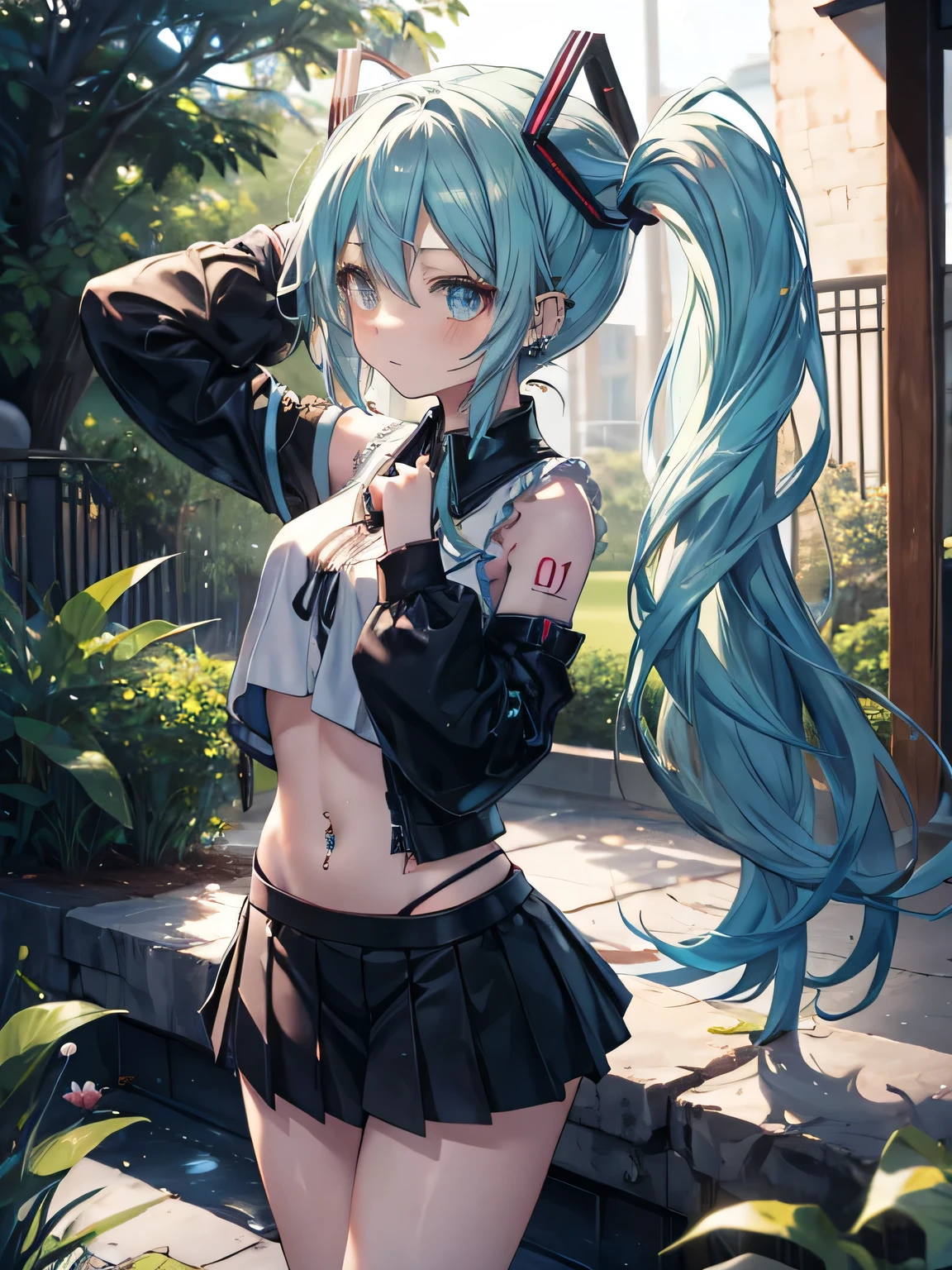 Chica anime, anime style, cute hatsune miku, Shy girl art by dark natasha, garden landscape, arte de vixen aztra, cuerpo completo, platas hermosas, cintura delgado, caderas amplias, piernas torneadas, hermosa, foto de cuerpo completo, navel blouse, black skirt, navel piercing, ear piercing, navel tattoo, timid pose, back pose, hands in the wall