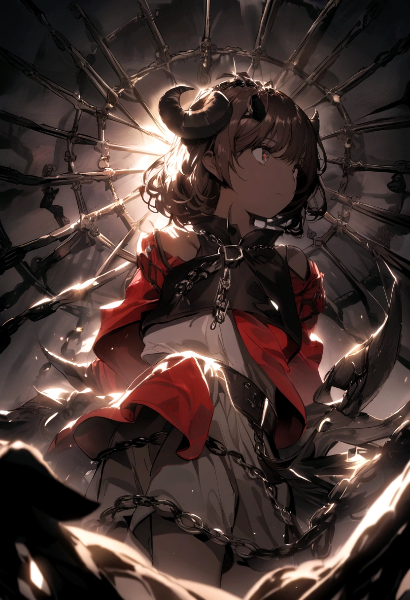 Lovely brown short hair.The eyes are black, The pupils are purple;.Brown fair skin, short white top and red jacket, Longer waist,Grey shorts and belt.On the head are black bull horns, And on them is a white chain with black crystals,The tail is black.