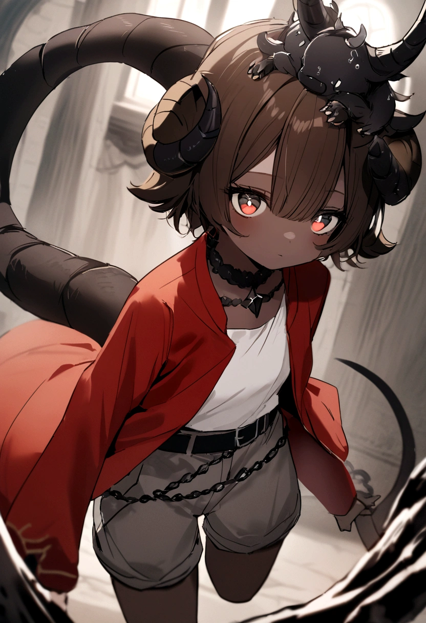Lovely brown short hair.The eyes are black, The pupils are purple;.Brown fair skin, short white top and red jacket, Longer waist,Grey shorts and belt.On the head are black bull horns, And on them is a white chain with black crystals,The tail is black.