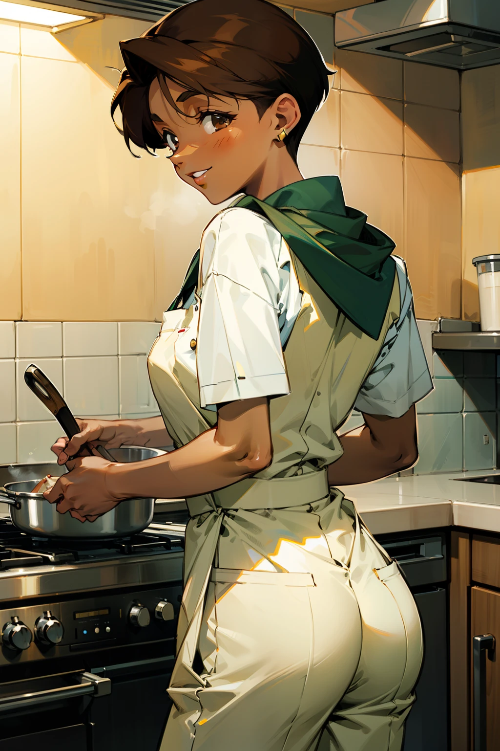 ,(Masterpiece), Best Quality, ultra-detailed, MIZUKITO, TAN, EARRINGS, head scarf, white y shirts(buttons), white apron, white pants , , slender and sexy body, 1girl, solo,head tilt, smile, parted lips,night time, school, in the a restaurant kitchen , standing, cooking, back-view 