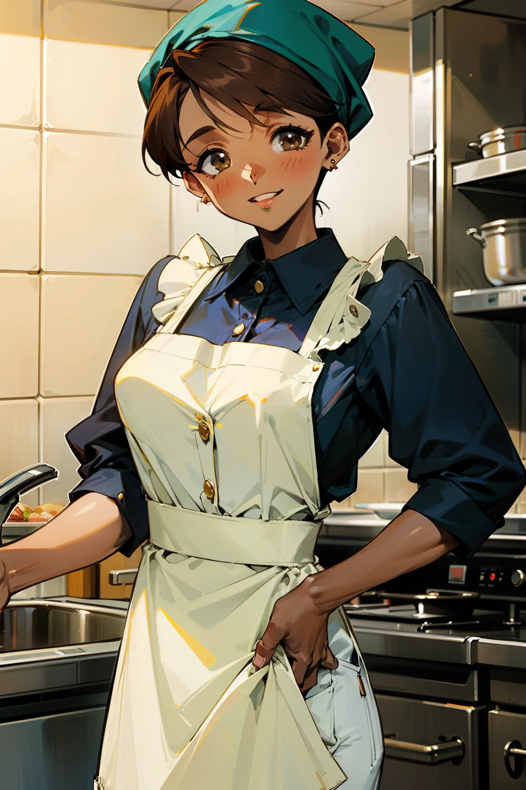 ,(Masterpiece), Best Quality, ultra-detailed, MIZUKITO, TAN, EARRINGS, head scarf, white y shirts(buttons), white apron, white pants , , slender and sexy body, 1girl, solo,facing viewer, looking  at viewer,head tilt, smile, parted lips,night time, school, in the a restaurant kitchen , standing, cooking 