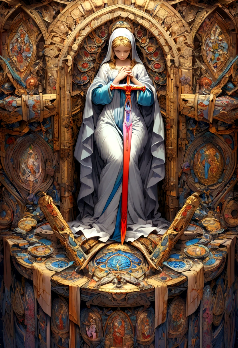 The Virgin Mary removing the escalibur sword from its base