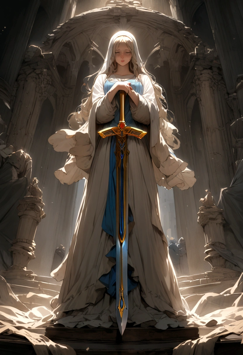 The Virgin Mary removing the escalibur sword from its base