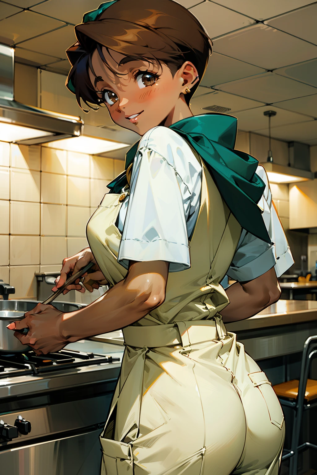 ,(Masterpiece), Best Quality, ultra-detailed, MIZUKITO, TAN, EARRINGS, head scarf, white y shirts(buttons), white apron, white pants , , slender and sexy body, 1girl, solo,head tilt, smile, parted lips,night time, school, in the a restaurant kitchen , standing, cooking, looking back 