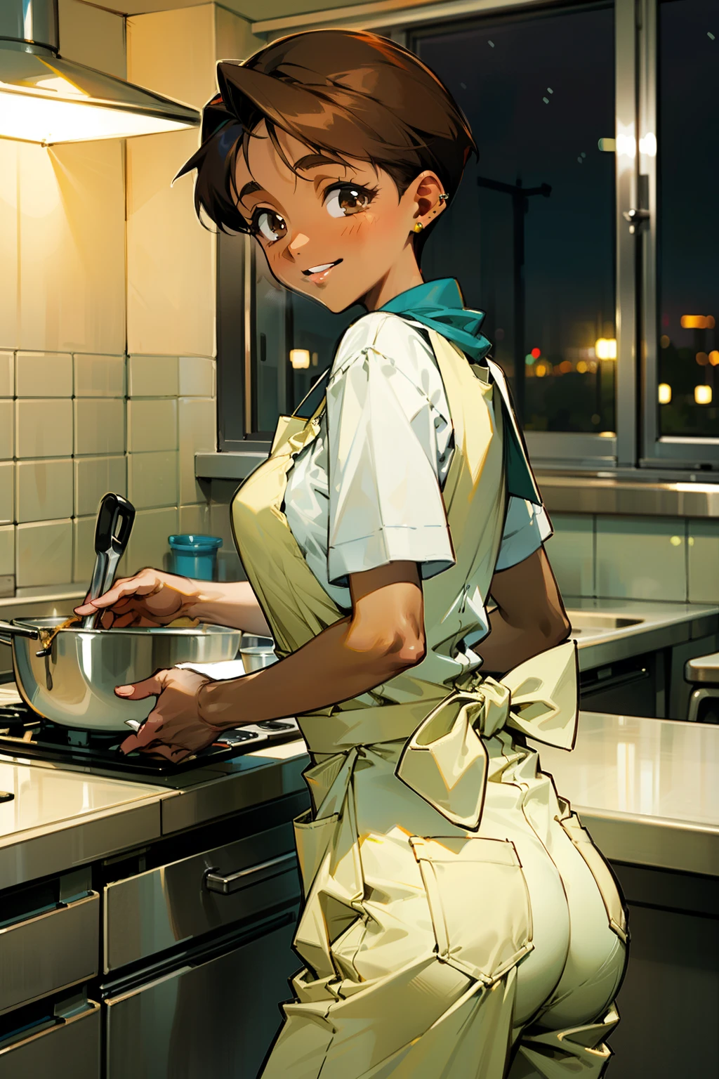 ,(Masterpiece), Best Quality, ultra-detailed, MIZUKITO, TAN, EARRINGS, head scarf, white y shirts(buttons), white apron, white pants , , slender and sexy body, 1girl, solo,head tilt, smile, parted lips,night time, school, in the a restaurant kitchen , standing, cooking, looking back 