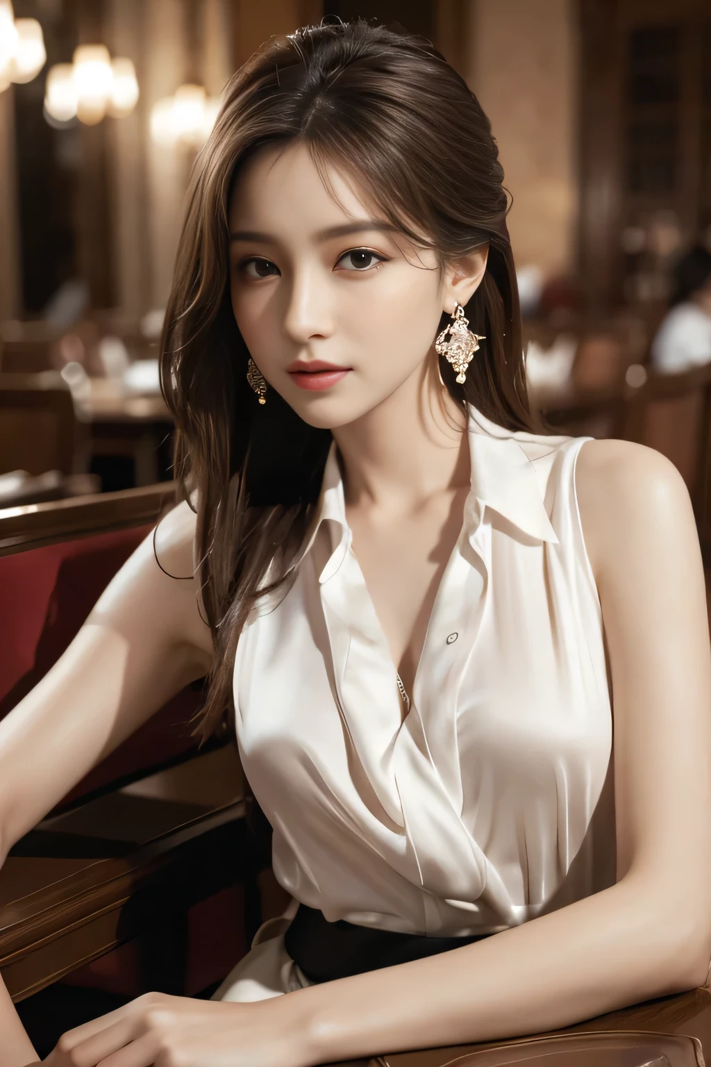 masterpiece, highest quality, Realistic, Very detailed, Finer details, High resolution, 8k wallpaper, One beautiful woman, Wear an elegant white silk shirt, In a great restaurant, At night, Light brown messy hair, Perfect dynamic composition, Beautiful and beautiful eyes、Big earrings、Sitting in a chair、Sleeveless shirt、
