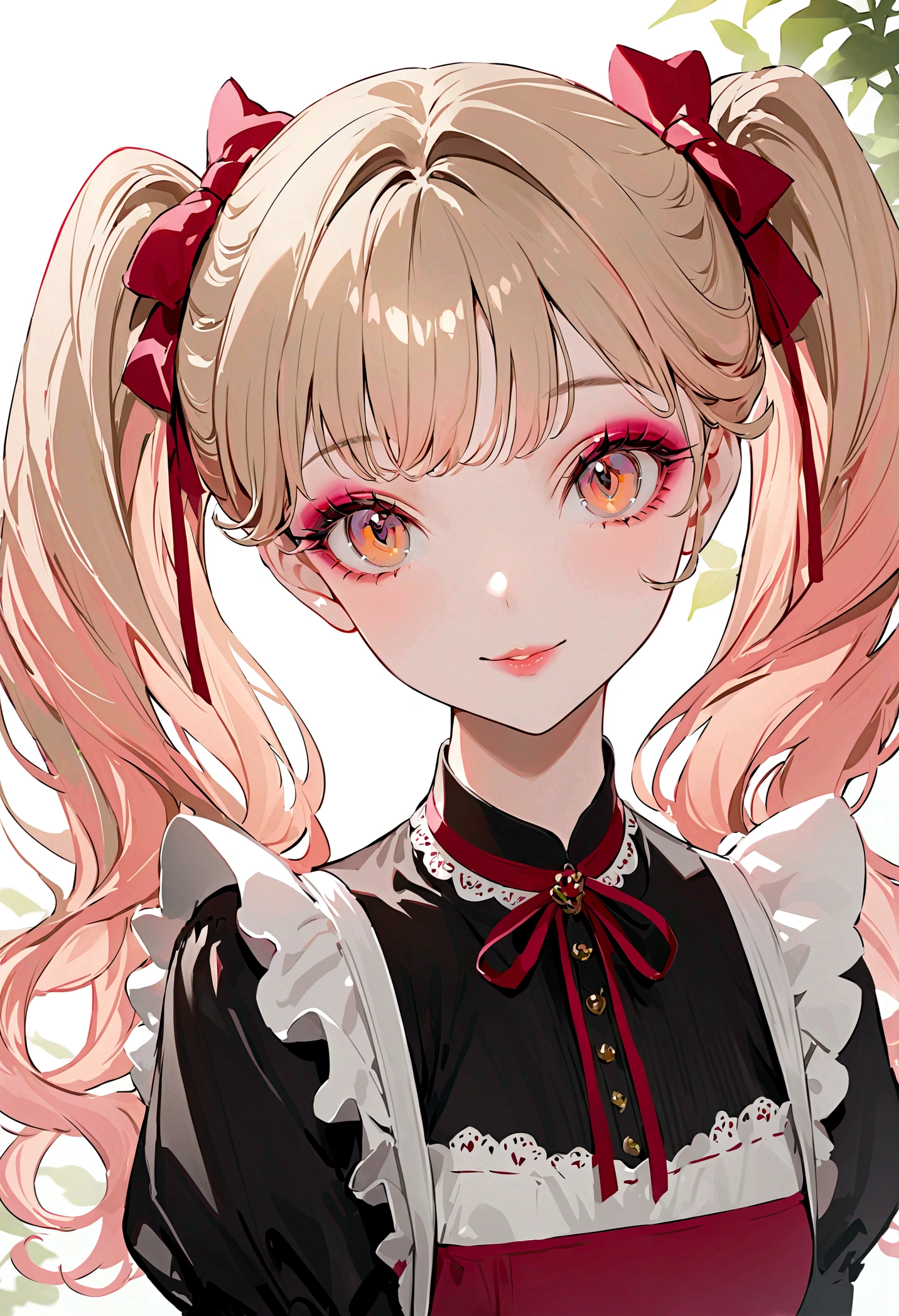 a beautiful maid, best quality, extremely detailed, high resolution, beautiful girl with perfect face, very long eyelashes, extremely detailed lips, radiant smile, soft skin, shiny hair, vibrant background, natural lighting, the cutest girl in the world, exquisite makeup, twin tails
