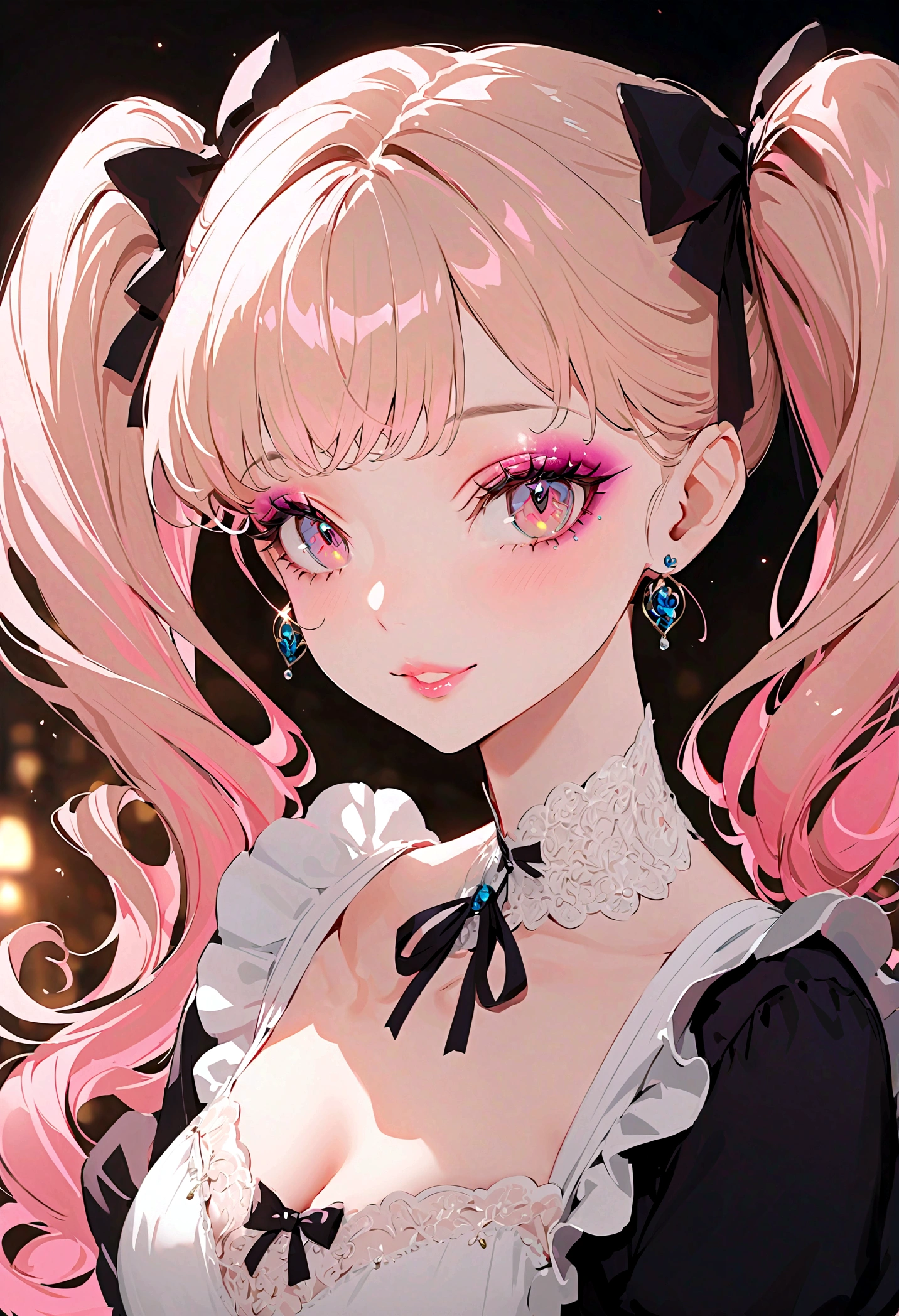 a beautiful maid, best quality, extremely detailed, high resolution, beautiful girl with perfect face, very long eyelashes, extremely detailed lips, radiant smile, soft skin, shiny hair, vibrant background, natural lighting, the cutest girl in the world, exquisite makeup, twin tails