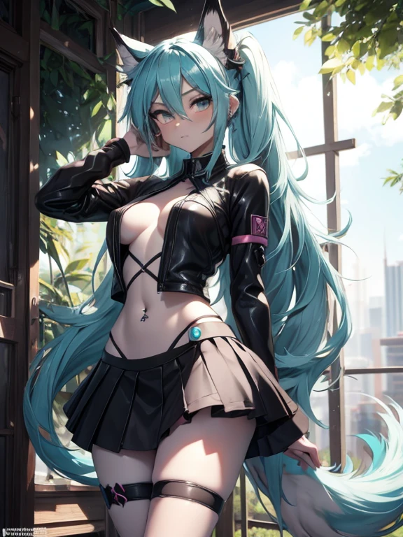 Chica anime, anime style, cute hatsune miku x suicune, shy girl , Orejas de Kitsune, furry art, antropomorphic  girl,arte de dark natasha, garden landscape, arte de vixen aztra, cuerpo completo, platas hermosas, cintura delgado, caderas amplias, piernas torneadas, hermosa, foto de cuerpo completo, navel blouse, black skirt, navel piercing, ear piercing, navel tattoo, timid pose, hands back