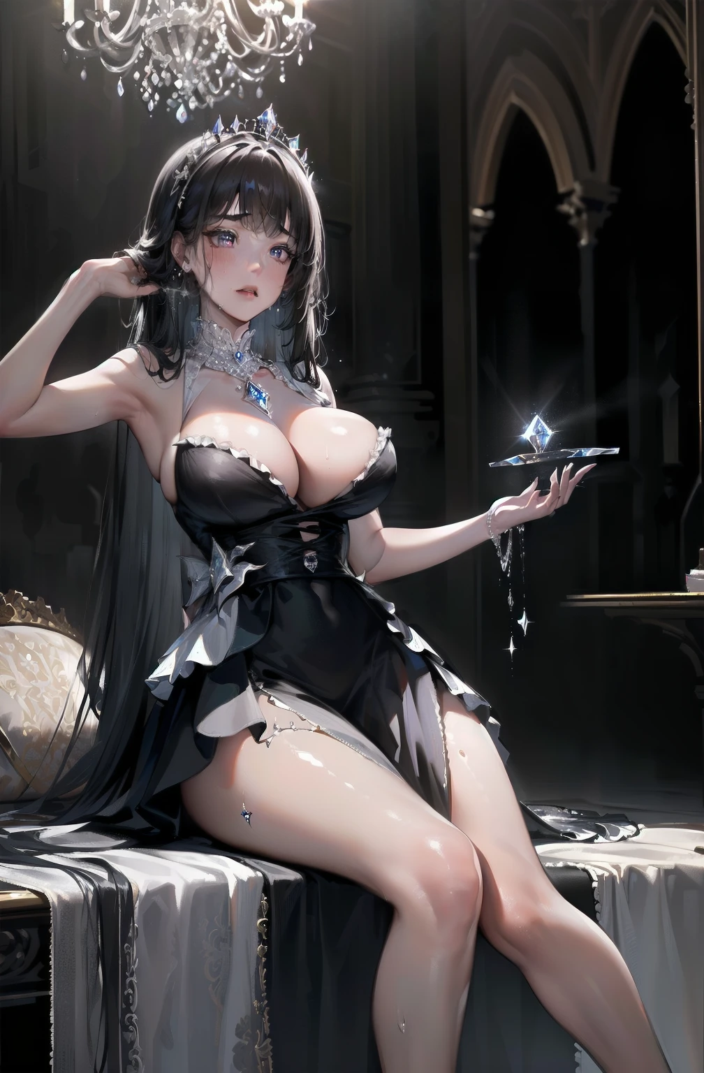 a full body, Dramatic composition, court-style dresses, royal, gorgeous, cascading frills, ruffles, bows, crystal chandeliers, Roman short wavy hair, bangs, maximalism, palatial background, delicate portrayal of hair and eyes, princess dresses, gorgeous skirts, flowers in hand, sad, body in heat, heavy breath, body in sweat, sweat rolling down,, starry eyes, cinematic light, extreme detail, high definition, happy girl, very long hair, diamonds, broken diamonds, crystal fragments, light particles, cleavage
