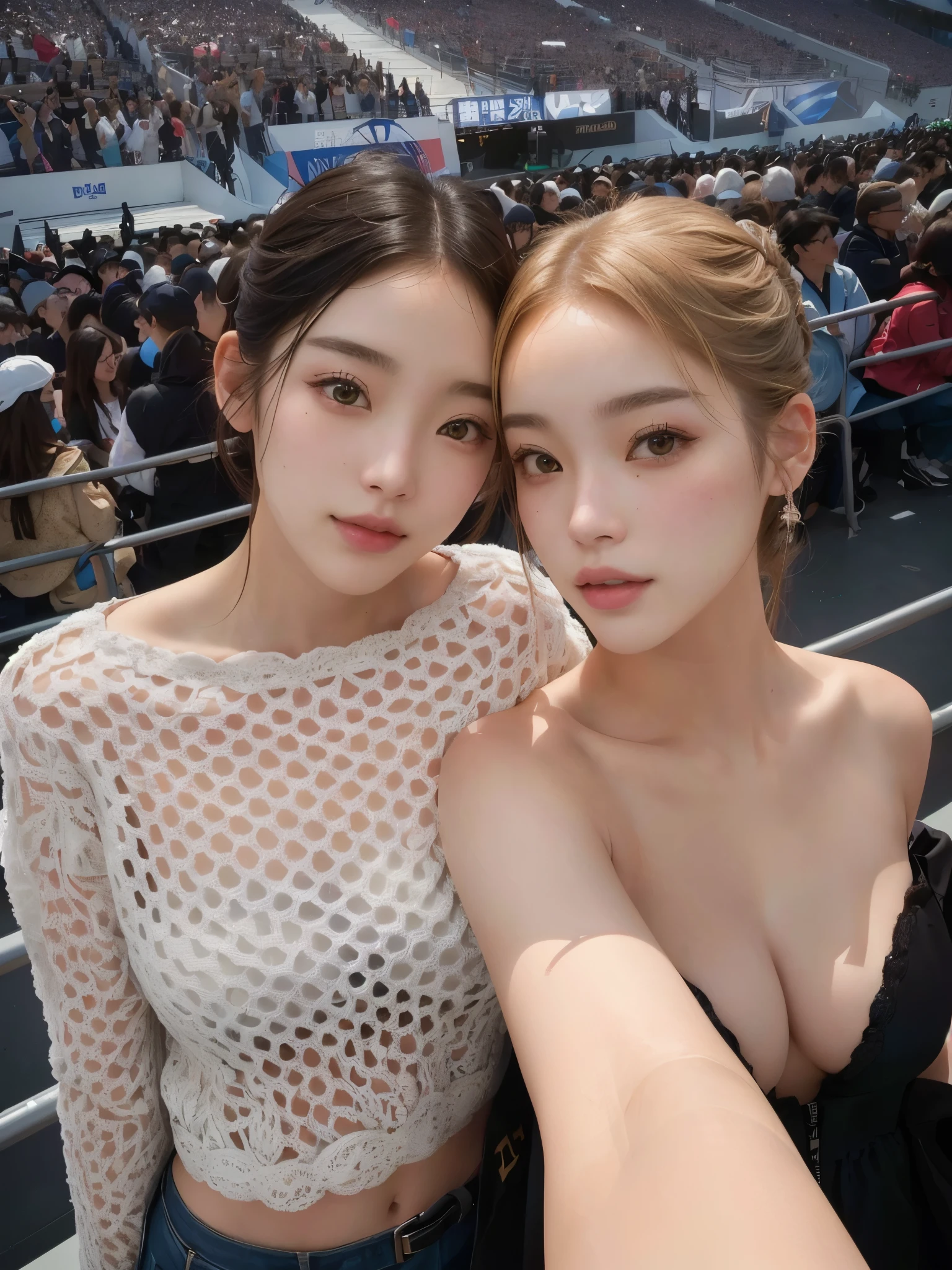 Two women taking a selfie at a sporting event with a crowd., dos modelos en el marco, beautiful science fiction twins, Ayami Kojima y Lyde Caldwell, Ruan Jia y Mandy Jurgens, En la Semana de la Moda de Nueva York, modelo de instagram, caras hermosas, yoshitomo nara and aya takano, kiko mizuhara, 8k selfie photography, japanese model