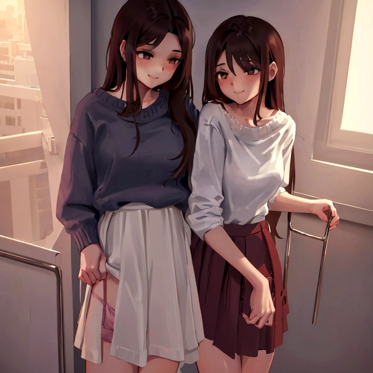 Top quality, 1 beautiful woman, long Hair, brown hair, wearing white Camisole & skirt, wearing knit sweater & miniskirt, (Flirtingly lifting her skirt to show her panties:1.3) on the bed, half-smile, natural Light, from_behind, indoor