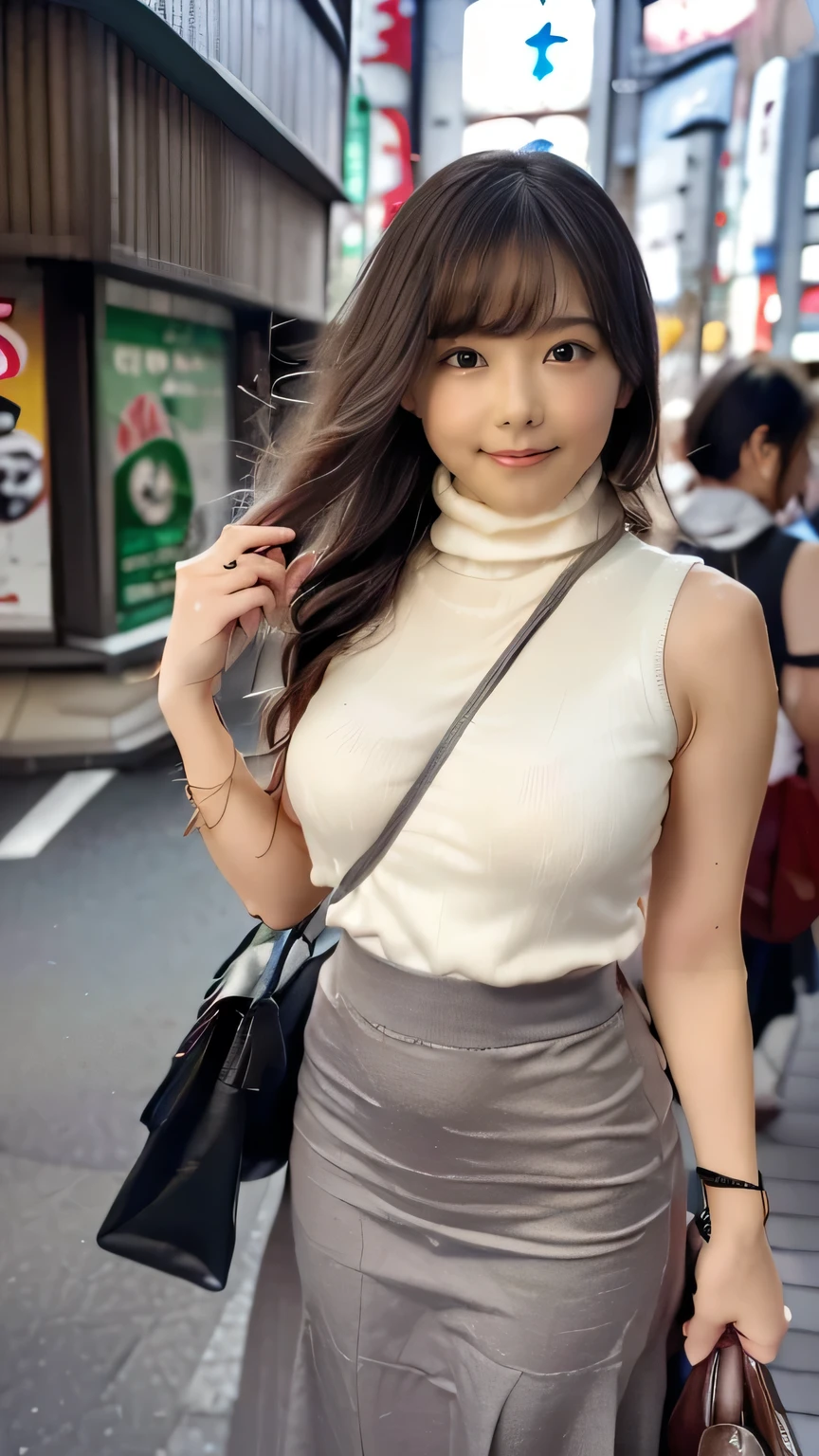 (((Tokyo Street:1.5))、Woman walking in the city:1.3、The background is the street)、(Realistic、Like a photograph、Live Action、8k, Realistic, RAW Photos, Best image quality: 1.4), Single-lens reflex camera、RAW Photos, highest quality, Realistic, Very detailed CG Unity 8k wallpaper, Written boundary depth, Cinematic Light, Lens flare, Ray Tracing, Realistic background、(Paisura:1.3,Bag strap between chest、(Sleeveless grey turtleneck sweater)、(Long skirt、White flared skirt:1.2)、Large Breasts))、((Ultra-Dense Skin))、 1 female,cute japanese gal、((whole body:1.5),look up:1.1、smile、(Long Hair、Black Hair:1.3)、I like that style、stylish、Very detailed、Pay attention to the details、Perfect outfit、(White skin)、Beautiful legs:1.1,Anatomically correct body、Accurate Fingers、Are standing、View from below