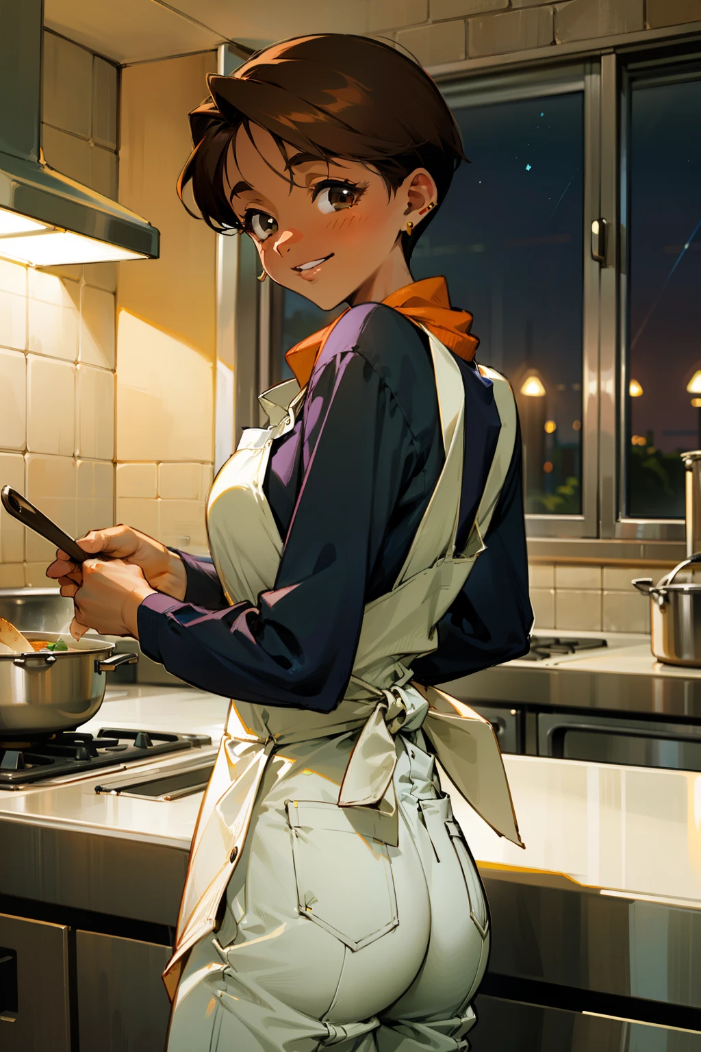 ,(Masterpiece), Best Quality, ultra-detailed, MIZUKITO, TAN, EARRINGS, hair scarf, white y shirts(buttons), white apron, white pants , , slender and sexy body, 1girl, solo,head tilt, smile, parted lips,night time, school, in the a restaurant kitchen , standing, cooking, looking back 