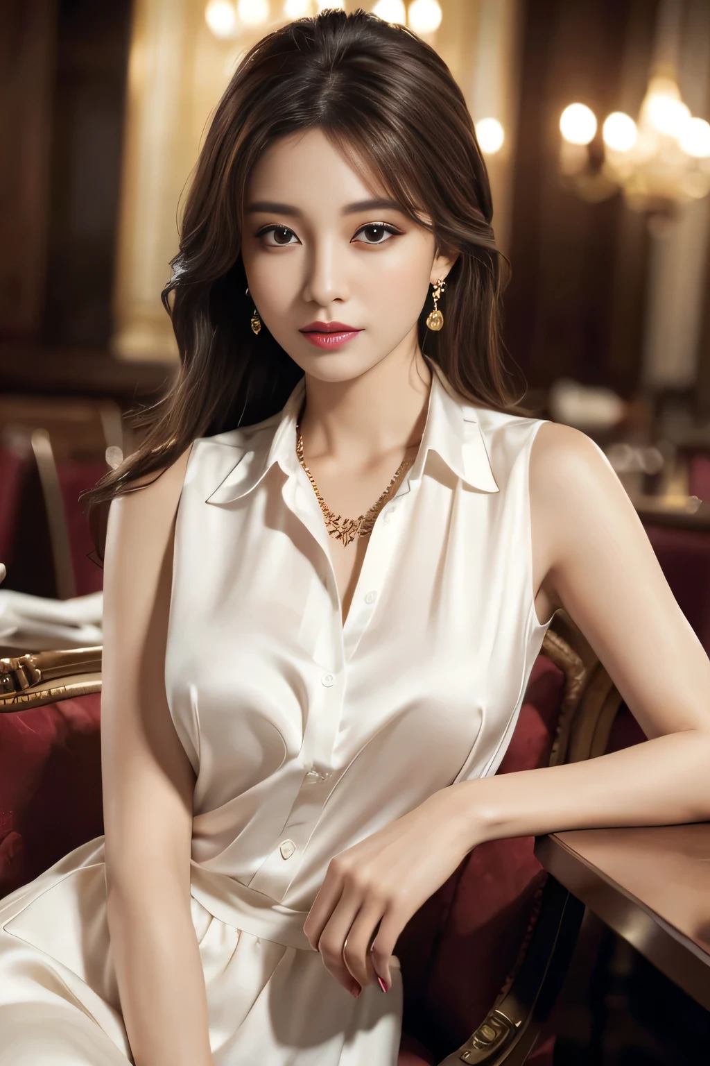 masterpiece, highest quality, Realistic, Very detailed, Finer details, High resolution, 8k wallpaper, One beautiful woman, Wear an elegant white silk shirt, In a great restaurant, At night, Light brown messy hair, Perfect dynamic composition, Beautiful and beautiful eyes、Big earrings、Sitting in a chair、Sleeveless shirt、