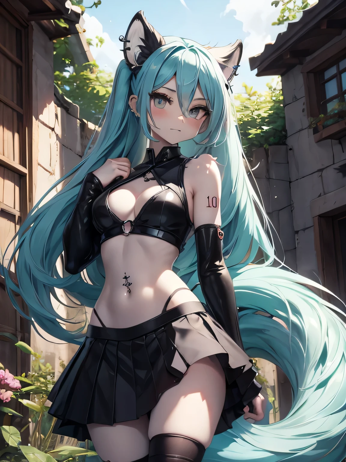 Chica anime, anime style, cute hatsune miku x suicune, shy girl , Orejas de Kitsune, furry art, antropomorphic girl,arte de dark natasha, garden landscape, arte de vixen aztra, cuerpo completo, platas hermosas, cintura delgado, caderas amplias, piernas torneadas, hermosa, foto de cuerpo completo, navel blouse, black skirt, navel piercing, ear piercing, navel tattoo, timid pose, hands back
