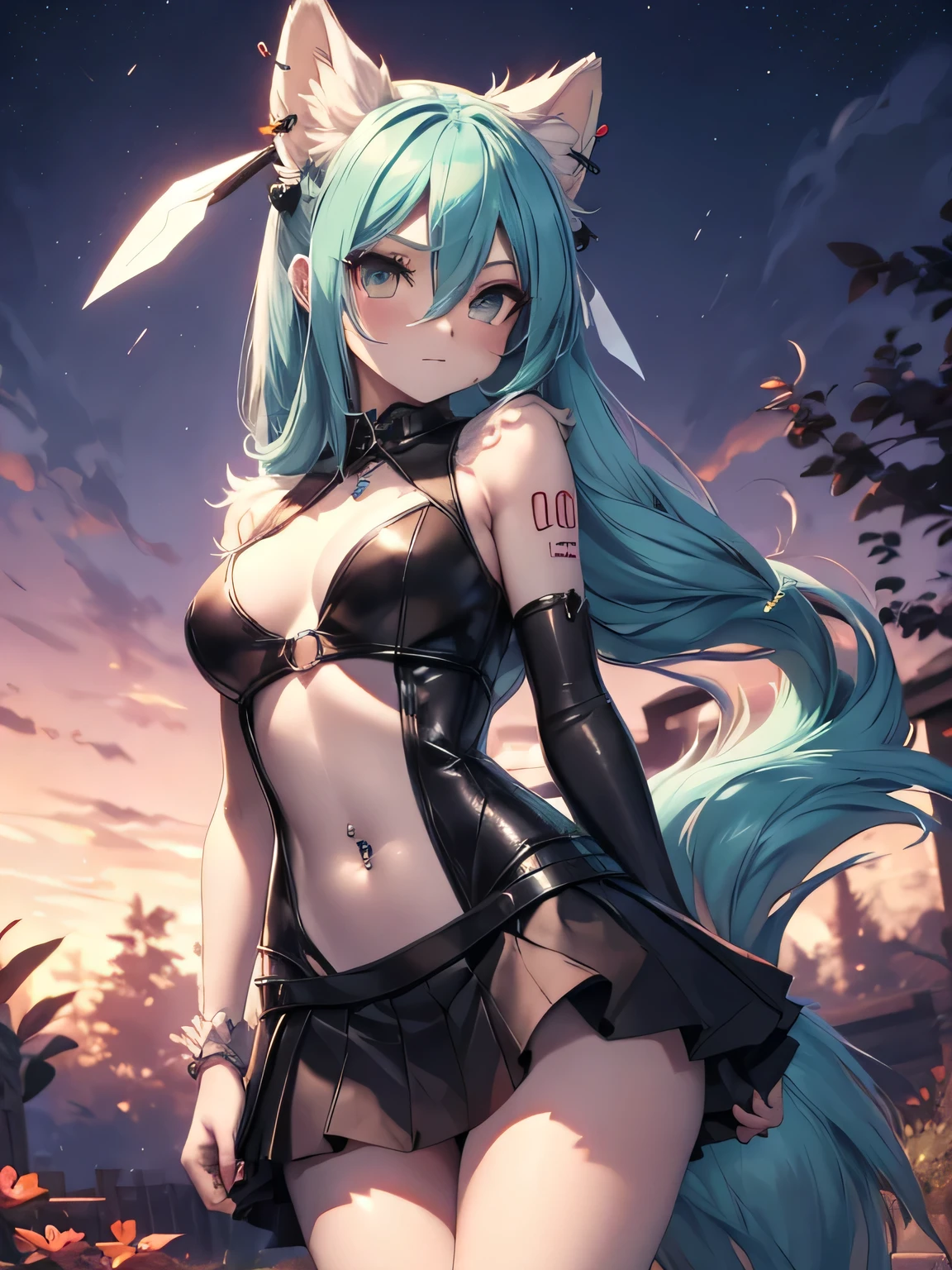 Chica anime, anime style, cute hatsune miku x suicune, shy girl , Orejas de Kitsune, furry art, antropomorphic  girl,arte de dark natasha, garden landscape, arte de vixen aztra, cuerpo completo, platas hermosas, cintura delgado, caderas amplias, piernas torneadas, hermosa, foto de cuerpo completo, navel blouse, black skirt, navel piercing, ear piercing, navel tattoo, timid pose, hands back