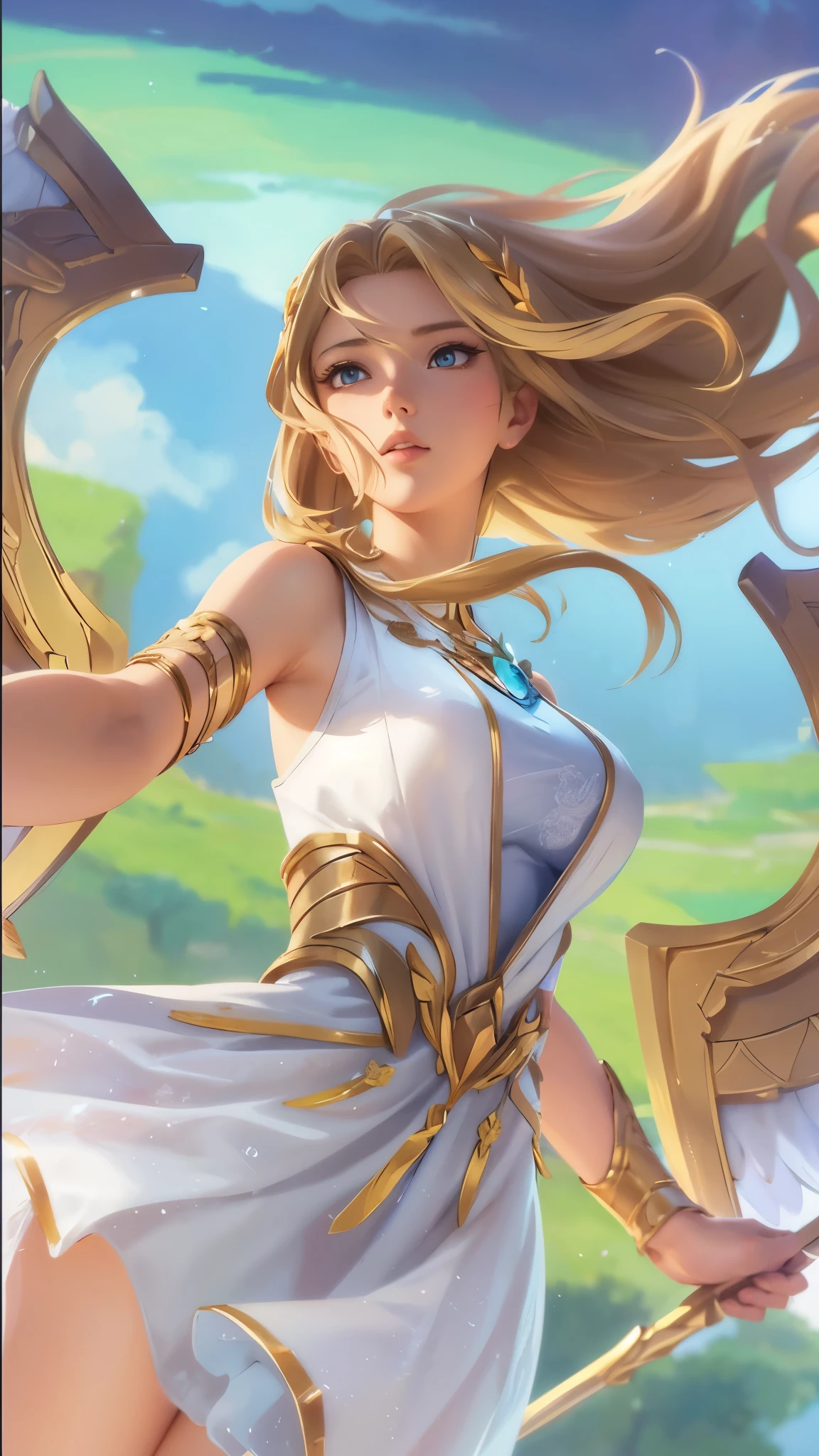 A detailed anime artstyle 2D illustration of Rafaela from Mobile Legends, beautiful angel from heaven, beautiful detailed wings, flowing blonde hair, extremely detailed face, large beautiful anime-style eyes, holding a staff, celestial background, digital art, intricate details, vibrant colors, dynamic composition, masterful rendering, 8K resolution, highly detailed, artstation quality