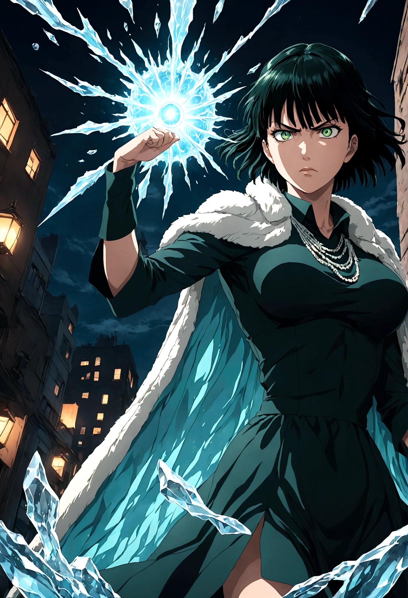 1girl, fubuki, black hair, green eyes, short hair, black dress, fur coat, high collar, jewelry, necklace, off shoulder, taut clothes, taut dress, (disgust, Disgusted face, Disgusted Look, frown), contempt, outdoors, cityscape, magic, fighting stance, ice, ice magic, looking at viewer, from below, close up, glowing eye, dutch angle, cowboy shot, anime screenshot, source_anime, Fubuki_(One-Punch_Man), dramatic composition, cinematic dynamic action scene, vibrant colors, cinematic lighting, dramatic lighting, best quality, masterpiece, very aesthetic, perfect composition, intricate details, ultra-detailed