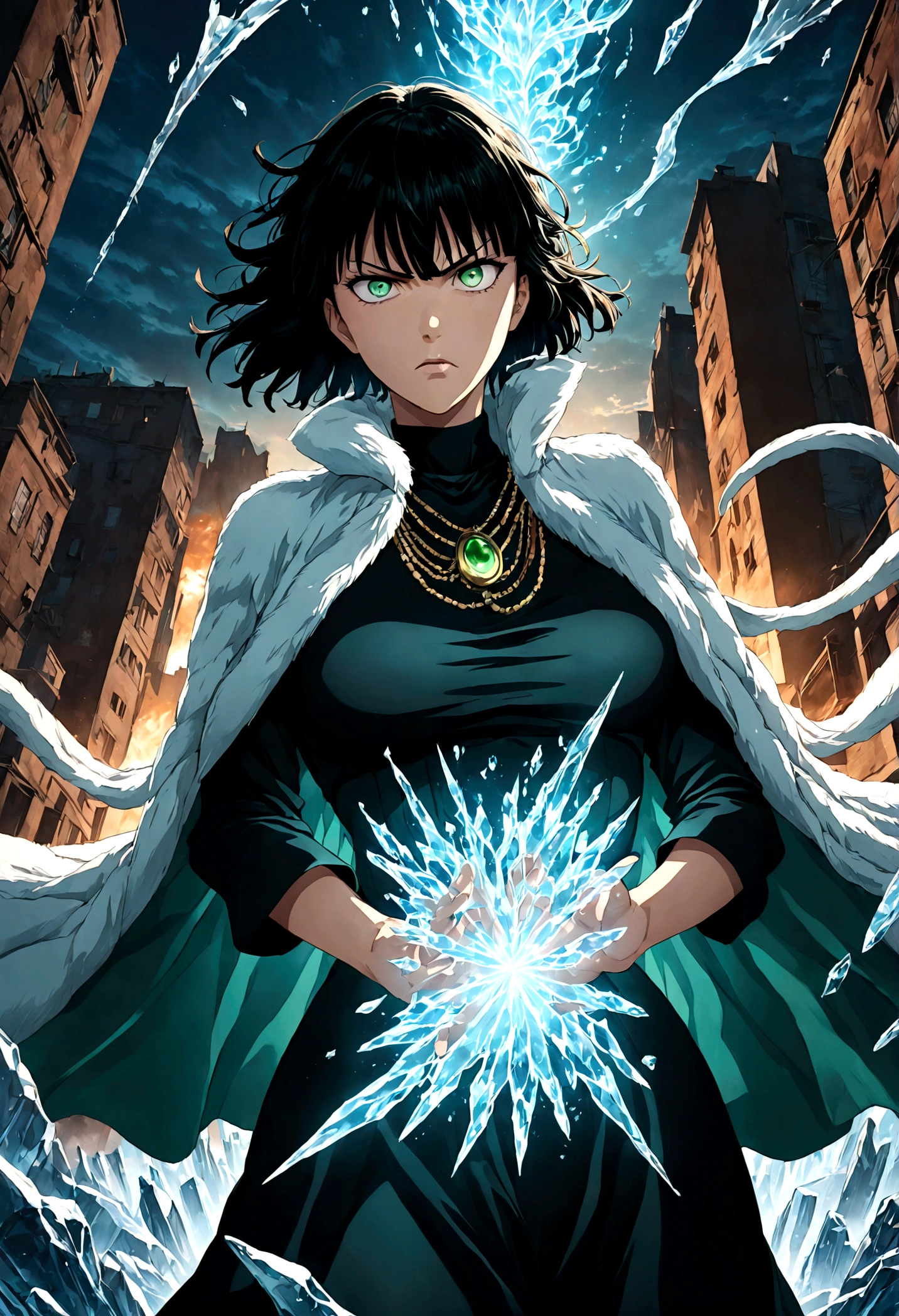 1girl, fubuki, black hair, green eyes, short hair, black dress, fur coat, high collar, jewelry, necklace, off shoulder, taut clothes, taut dress, (disgust, Disgusted face, Disgusted Look, frown), contempt, outdoors, cityscape, magic, fighting stance, ice, ice magic, looking at viewer, from below, close up, glowing eye, dutch angle, cowboy shot, anime screenshot, source_anime, Fubuki_(One-Punch_Man), dramatic composition, cinematic dynamic action scene, vibrant colors, cinematic lighting, dramatic lighting, best quality, masterpiece, very aesthetic, perfect composition, intricate details, ultra-detailed