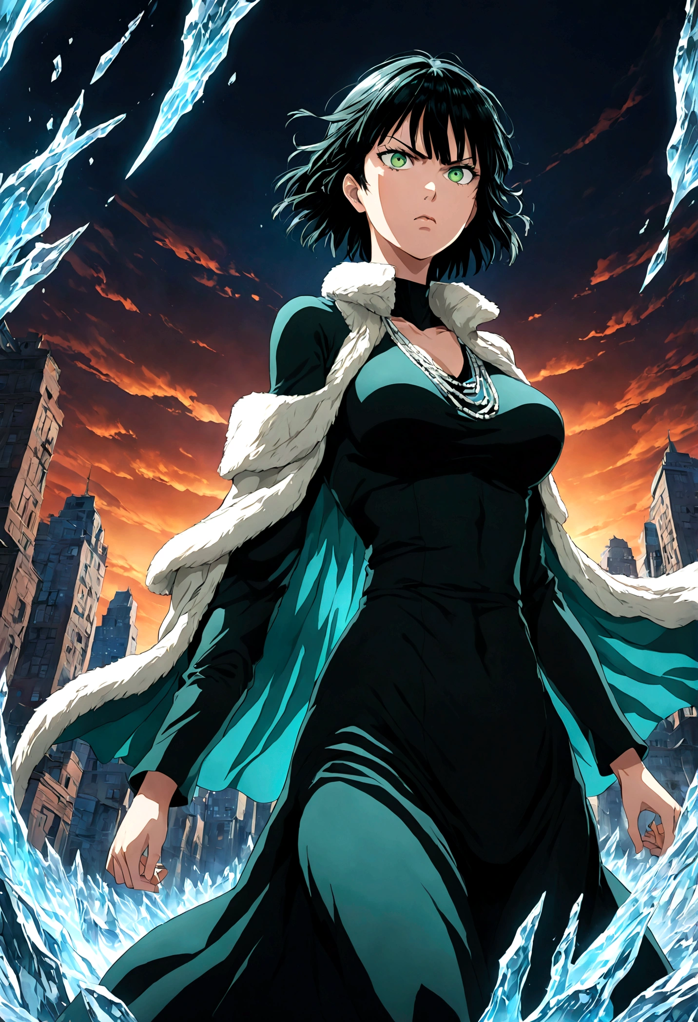 1girl, fubuki, black hair, green eyes, short hair, black dress, fur coat, high collar, jewelry, necklace, off shoulder, taut clothes, taut dress, (disgust, Disgusted face, Disgusted Look, frown), contempt, outdoors, cityscape, magic, fighting stance, ice, ice magic, looking at viewer, from below, close up, glowing eye, dutch angle, cowboy shot, anime screenshot, source_anime, Fubuki_(One-Punch_Man), dramatic composition, cinematic dynamic action scene, vibrant colors, cinematic lighting, dramatic lighting, best quality, masterpiece, very aesthetic, perfect composition, intricate details, ultra-detailed