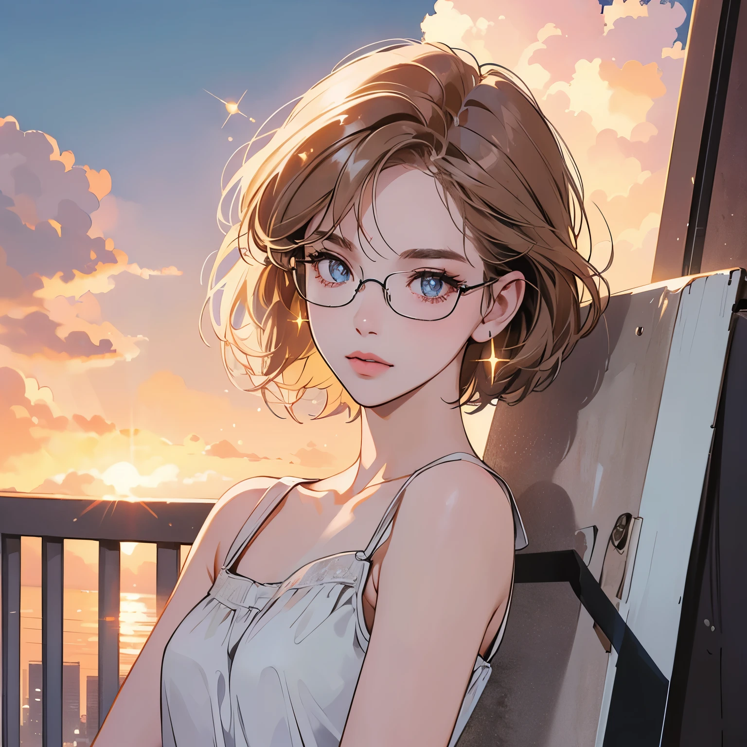 Upper body, 1 Woman, Top Quality, 14k, wind blowing, white camisole, sunset, skyscraper, power lines, crosswalk, sign,(((sparkling eyes))), (((mysterious))), Pale brown hair, detailed hair, detailed background, top quality, light lighting, backlight, dim, clouds, front, looking at viewer backlight, dim, clouds, frontal face, looking at viewer, Very beautiful women, Noble,Apartment balcony,(((Various angles))),Short hair, glasses