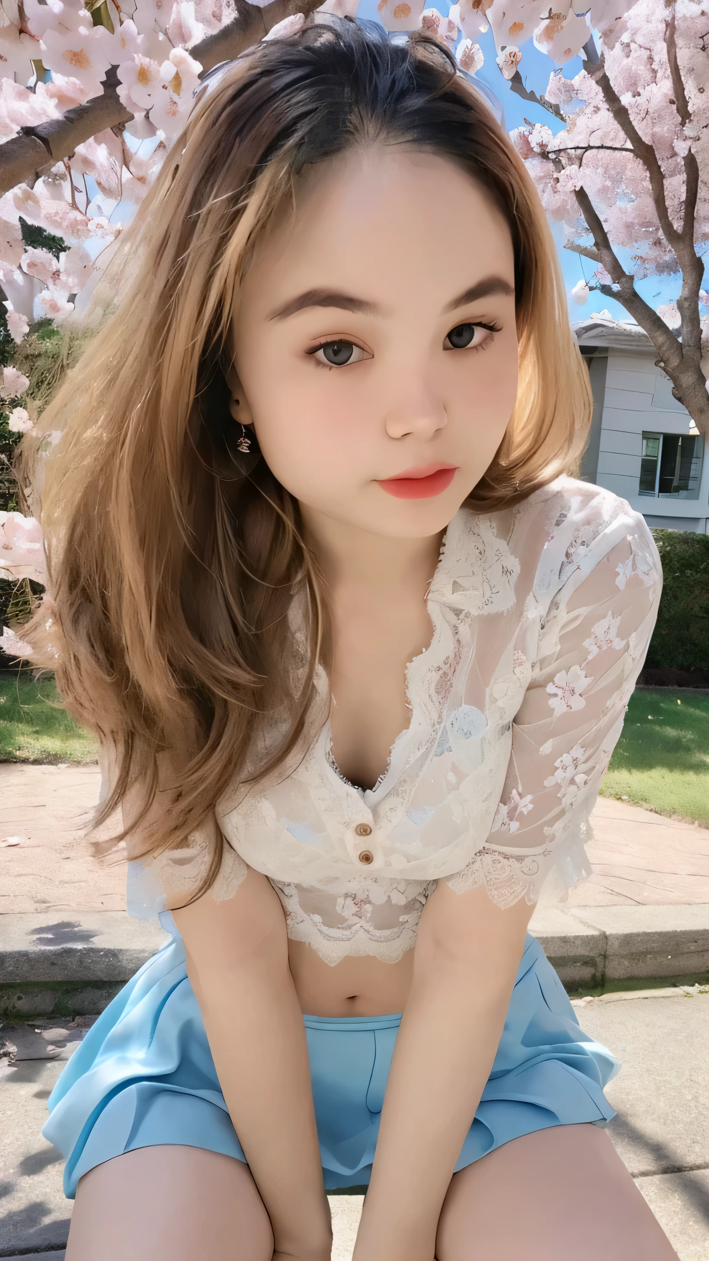 (super highest quality:1.3) (very realistic, Photoreal:1.3), (Realistic and very high quality:1.3), soft light, (brown hair, 1 girl, highly detailed eyes and face, beautifully detailed nose, thin and beautiful eyes, Pure beauty, cute, young, (smaller and flat chest), realistic face, realistic body, beautiful thigh, lace camisole top, mini skirt, full-body porttrait, , sitting, open legs, cherry blossom background