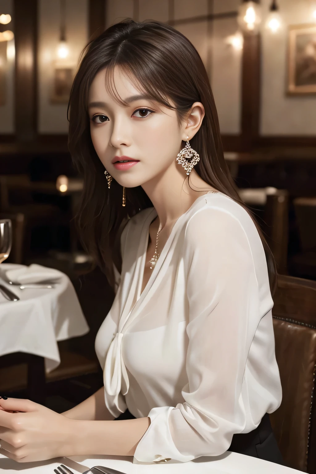 masterpiece, highest quality, Realistic, Very detailed, Finer details, High resolution, 8k wallpaper, One beautiful woman, Wear an elegant white see-through blouse, In a great restaurant, At night, Light brown messy hair, Perfect dynamic composition, Beautiful and beautiful eyes、Big earrings、Sitting in a chair、