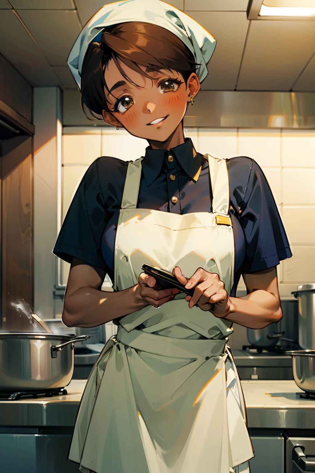 ,(Masterpiece), Best Quality, ultra-detailed, MIZUKITO, TAN, EARRINGS, head scarf, white y shirts(buttons), white apron, white pants , , slender and sexy body, 1girl, solo,facing viewer, looking  at viewer,head tilt, smile, parted lips,night time, school, in the a restaurant kitchen , standing, cooking 