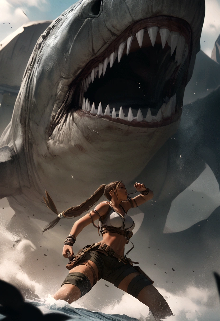 Lara Croft fighting a megalodon