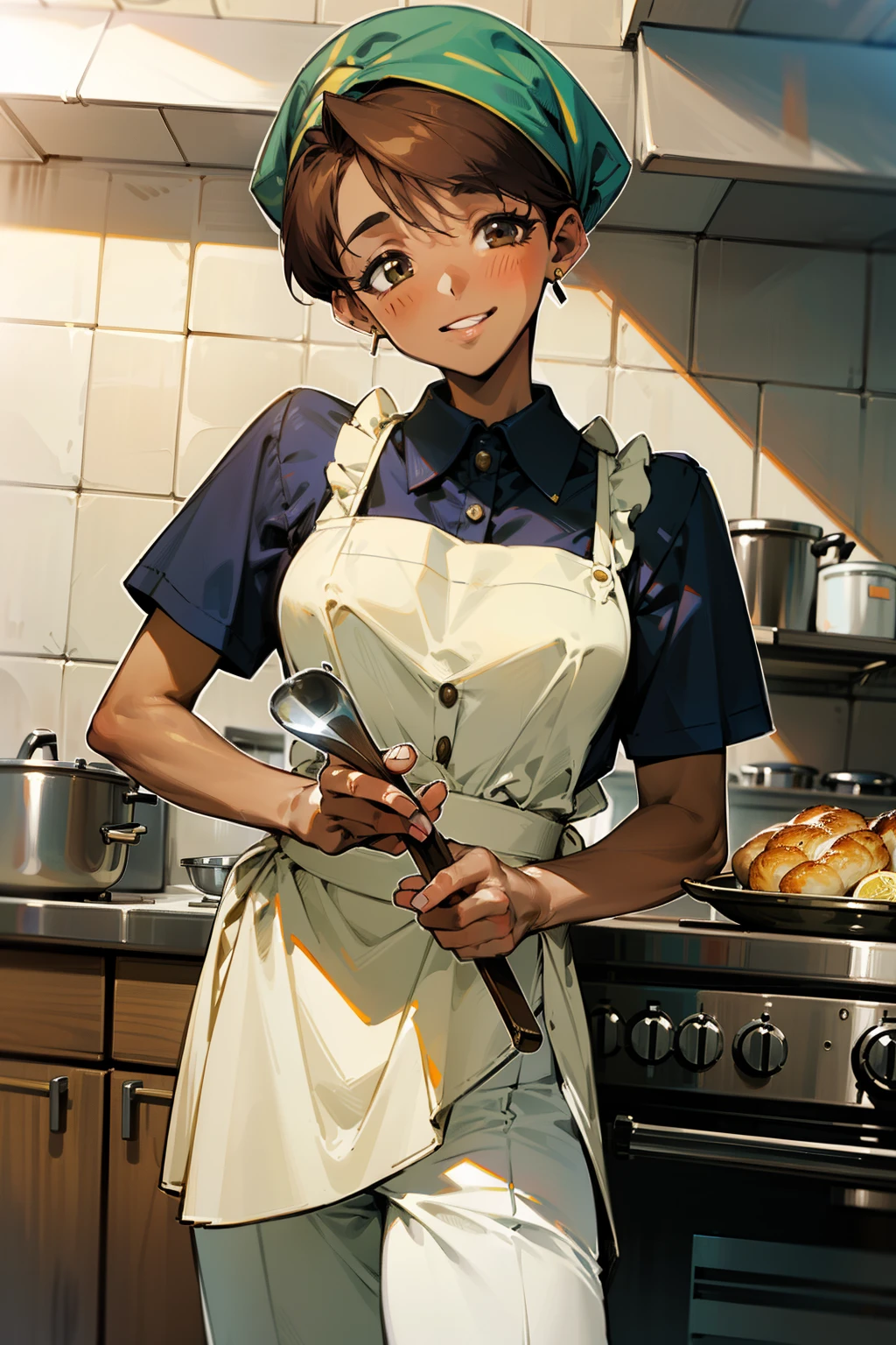 ,(Masterpiece), Best Quality, ultra-detailed, MIZUKITO, TAN, EARRINGS, head scarf, white y shirts(buttons), white apron, white pants , , slender and sexy body, 1girl, solo,facing viewer, looking at viewer,head tilt, smile, parted lips,night time, school, in the a restaurant kitchen , standing, cooking