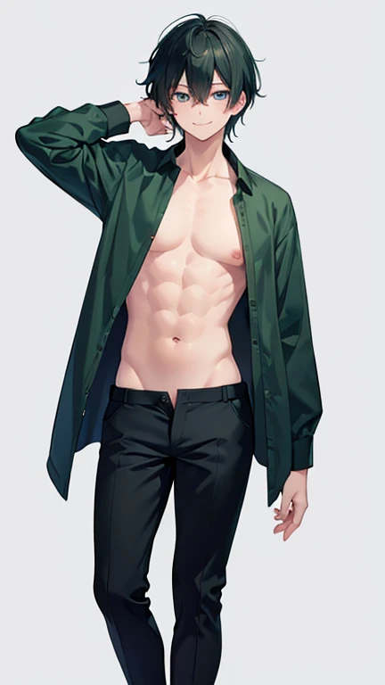 masterpiece, nsfw, nude, medium breast , large hip, full body,dark green medium hair,otoko no ko,male focus,1boy,solo,looking at viewer,smile,hair between eyes,simple background,blue eyes