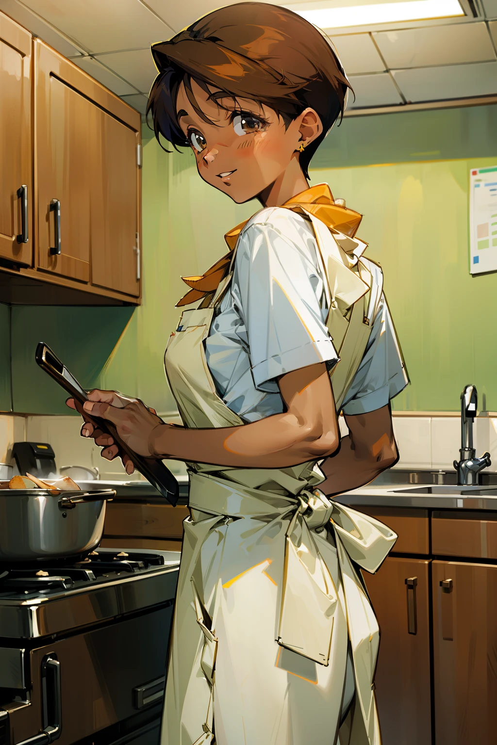 ,(Masterpiece), Best Quality, ultra-detailed, MIZUKITO, TAN, EARRINGS, hair scarf, white y shirts(buttons), white apron, white pants , , slender and sexy body, 1girl, solo,head tilt, smile, parted lips,night time, school, in the a restaurant kitchen , standing, cooking, looking back