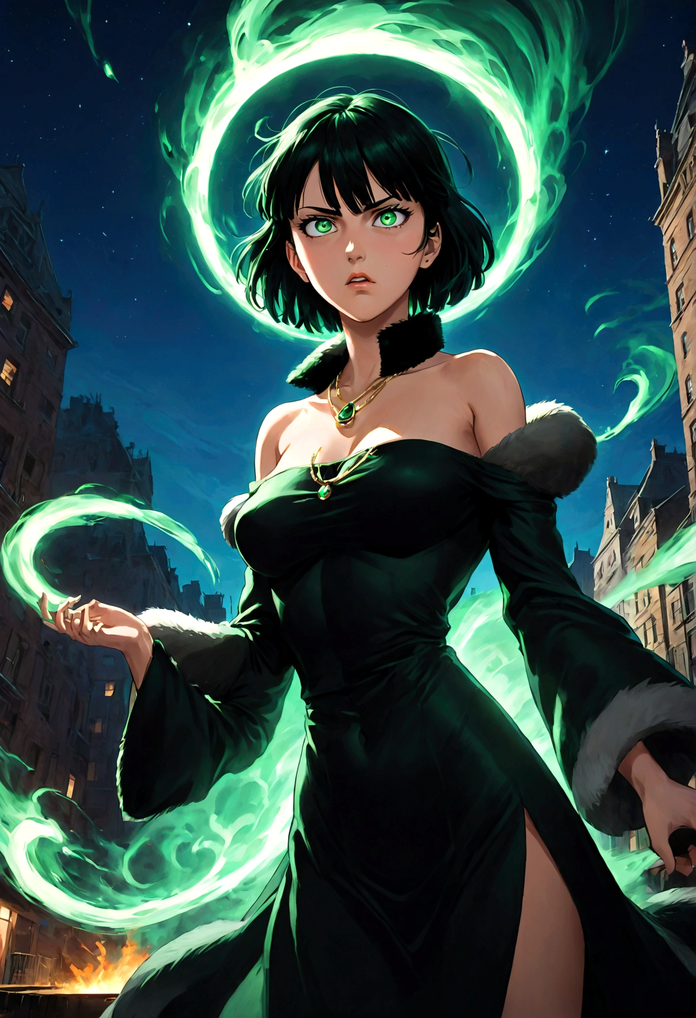 1girl, fubuki, black hair, green eyes, short hair, black dress, fur coat, high collar, jewelry, necklace, off shoulder, taut clothes, taut dress, (disgust, Disgusted face, Disgusted Look, frown), contempt, outdoors, cityscape, magic, magic circle, fighting stance, looking at viewer, from below, close up, glowing eye, dutch angle, cowboy shot, anime screenshot, source_anime, Fubuki_(One-Punch_Man), dramatic composition, cinematic dynamic action scene, vibrant colors, cinematic lighting, dramatic lighting, best quality, masterpiece, very aesthetic, perfect composition, intricate details, ultra-detailed