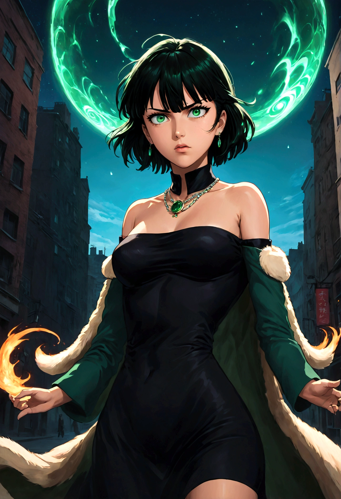 1girl, fubuki, black hair, green eyes, short hair, black dress, fur coat, high collar, jewelry, necklace, off shoulder, taut clothes, taut dress, (disgust, Disgusted face, Disgusted Look, frown), contempt, outdoors, cityscape, magic, magic circle, fighting stance, looking at viewer, from below, close up, glowing eye, dutch angle, cowboy shot, anime screenshot, source_anime, Fubuki_(One-Punch_Man), dramatic composition, cinematic dynamic action scene, vibrant colors, cinematic lighting, dramatic lighting, best quality, masterpiece, very aesthetic, perfect composition, intricate details, ultra-detailed